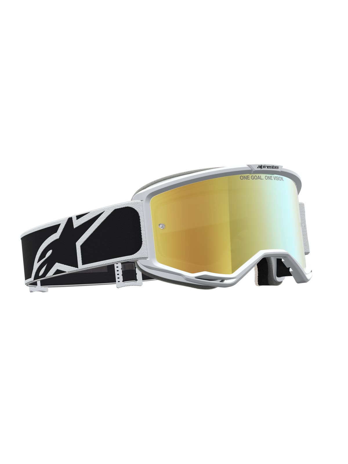 Alpinestars Vision 5 Rora Goggles, motocross goggles med guld spejllinse, hvid ramme og sort grafisk rem.