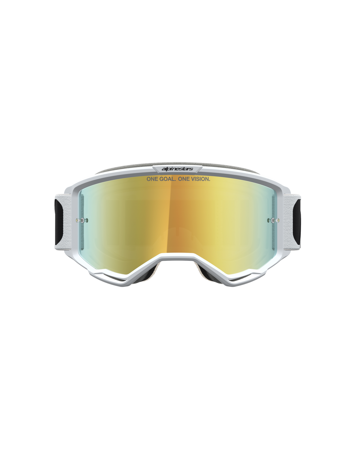 Alpinestars Vision 5 Rora Goggles, hvide motocrossbriller med guld spejllinse, A-FLEX ramme og RAM-AIR ventilation.