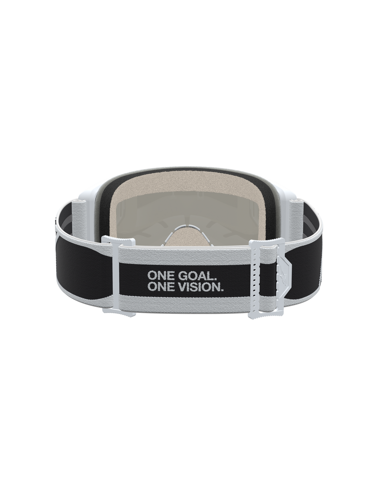 Alpinestars Vision 5 Rora goggles, motocross, sort og hvid, rem set bagfra med sloganet One Goal. One Vision.