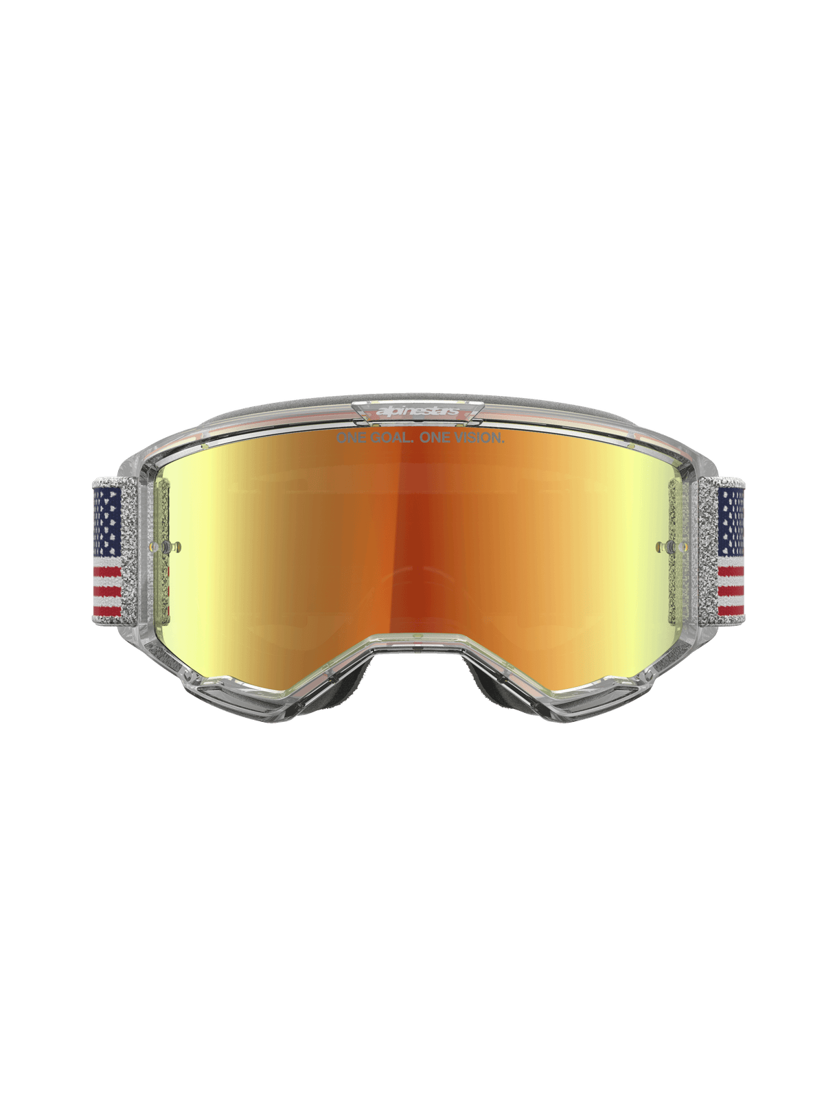 Alpinestars Vision 5 Le Fiftyfold, Limited Edition motocrossgoggles, rød spejllinse, blå og hvid flagrem, klar ramme.