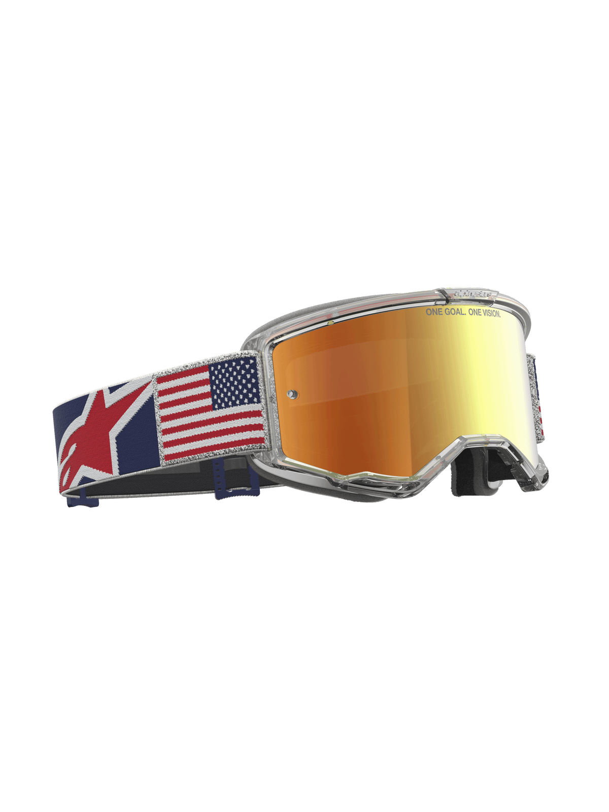 Alpinestars Vision 5 LE Fiftyfold goggles, motocrossgoggles med rød spejllinse, klar ramme og rem med amerikansk flag.