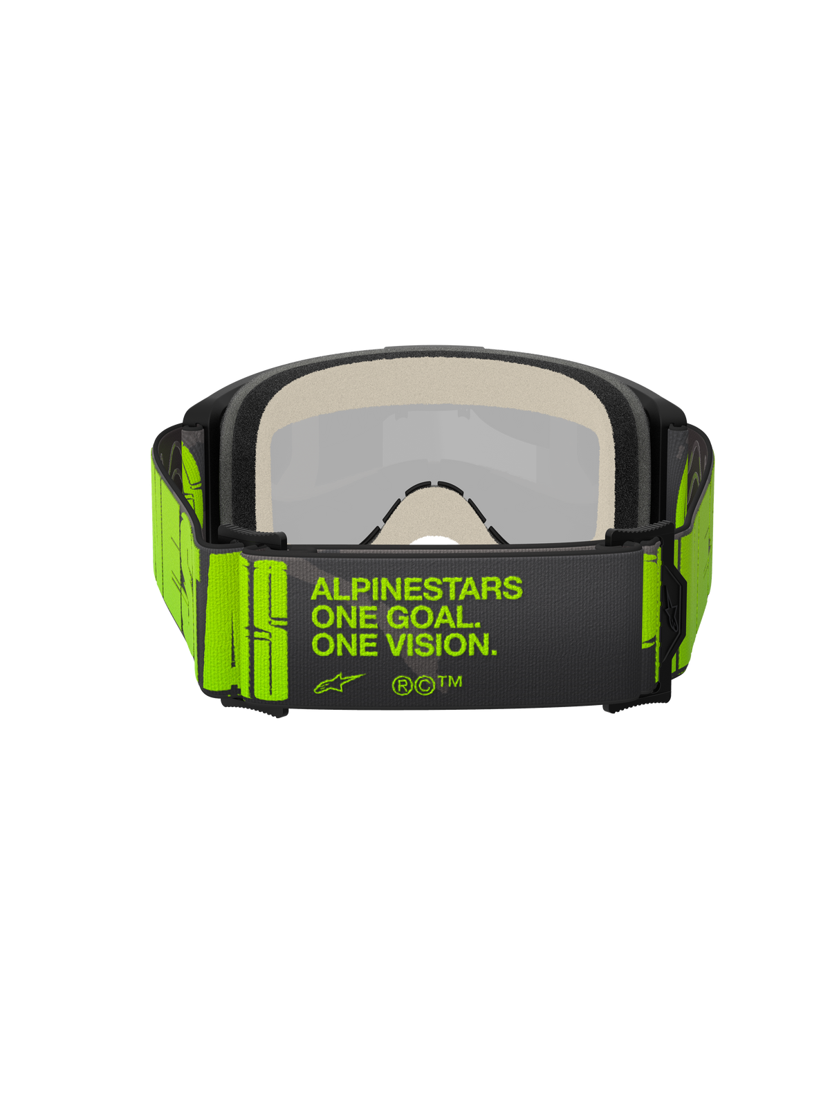 Alpinestars Vision 5 Hollow-briller, motocross-briller, koksgrå og neon-gul, set bagfra med bred vævet rem med 'ALPINESTARS ONE GOAL. ONE VISION.'-branding, flerlags ansigtsskum, designet til terrænkørsel
