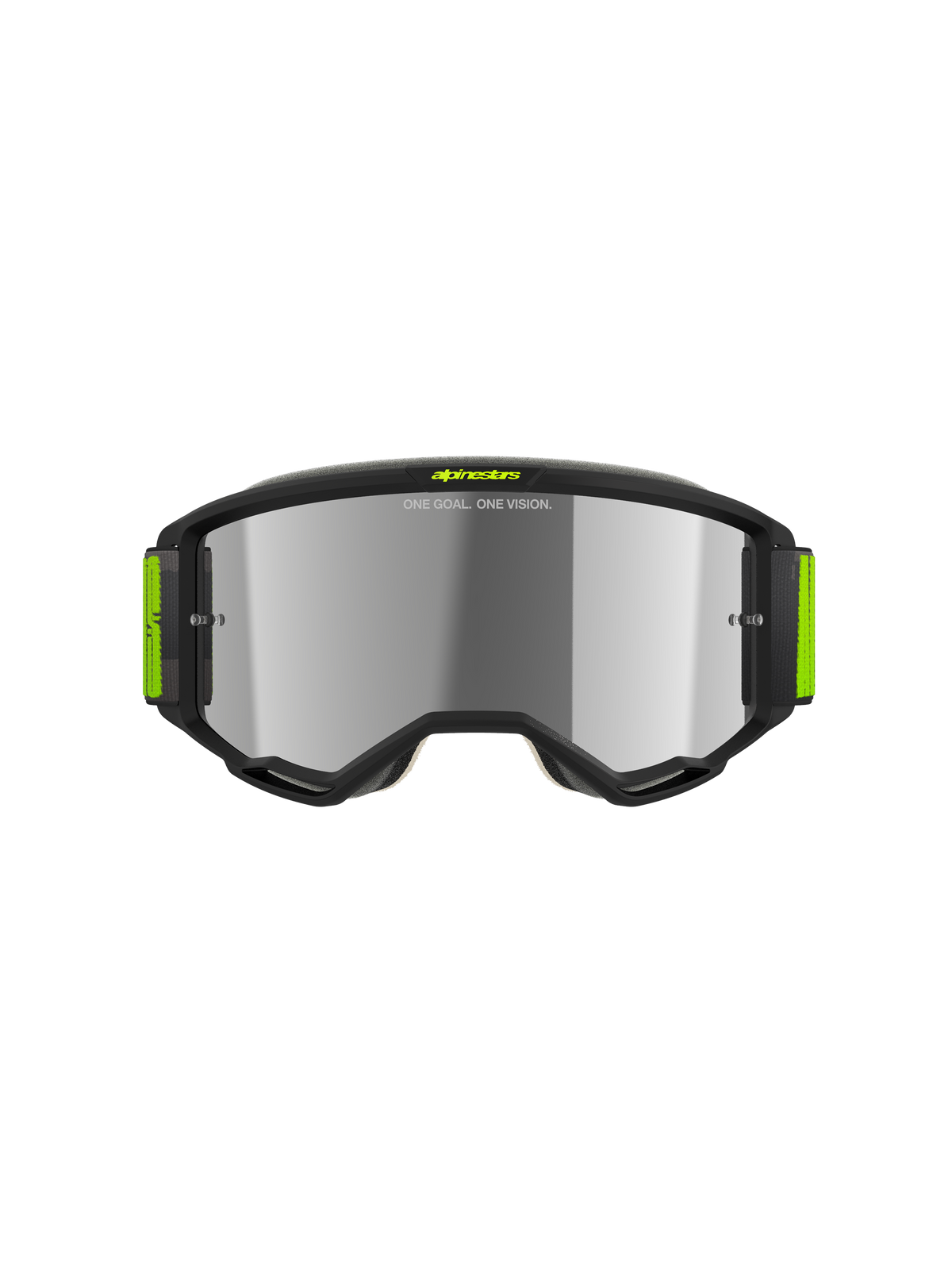 Alpinestars Vision 5 Hollow goggles, motocross-briller, koksgrå og gul fluo, sølv spejllinse, strømlinet koksgrå ramme med klare gule detaljer og bred vævet rem, højtydende øjenbeskyttelse til off-road racing