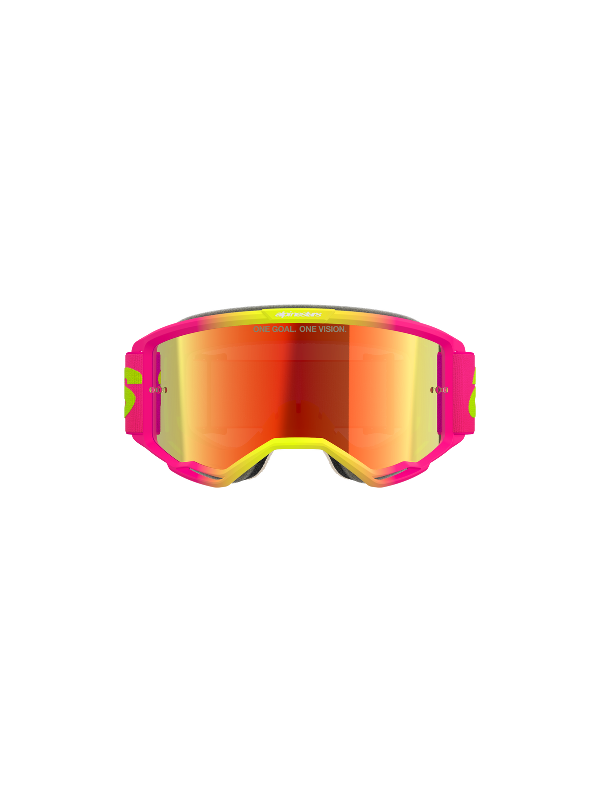 Alpinestars Vision 5 Wordmark Goggles, motocross-briller, pink og fluorescerende gul ramme med rød spejllinse, med markant branding og "One Goal. One Vision."-tekst på linsen, højtydende off-road briller