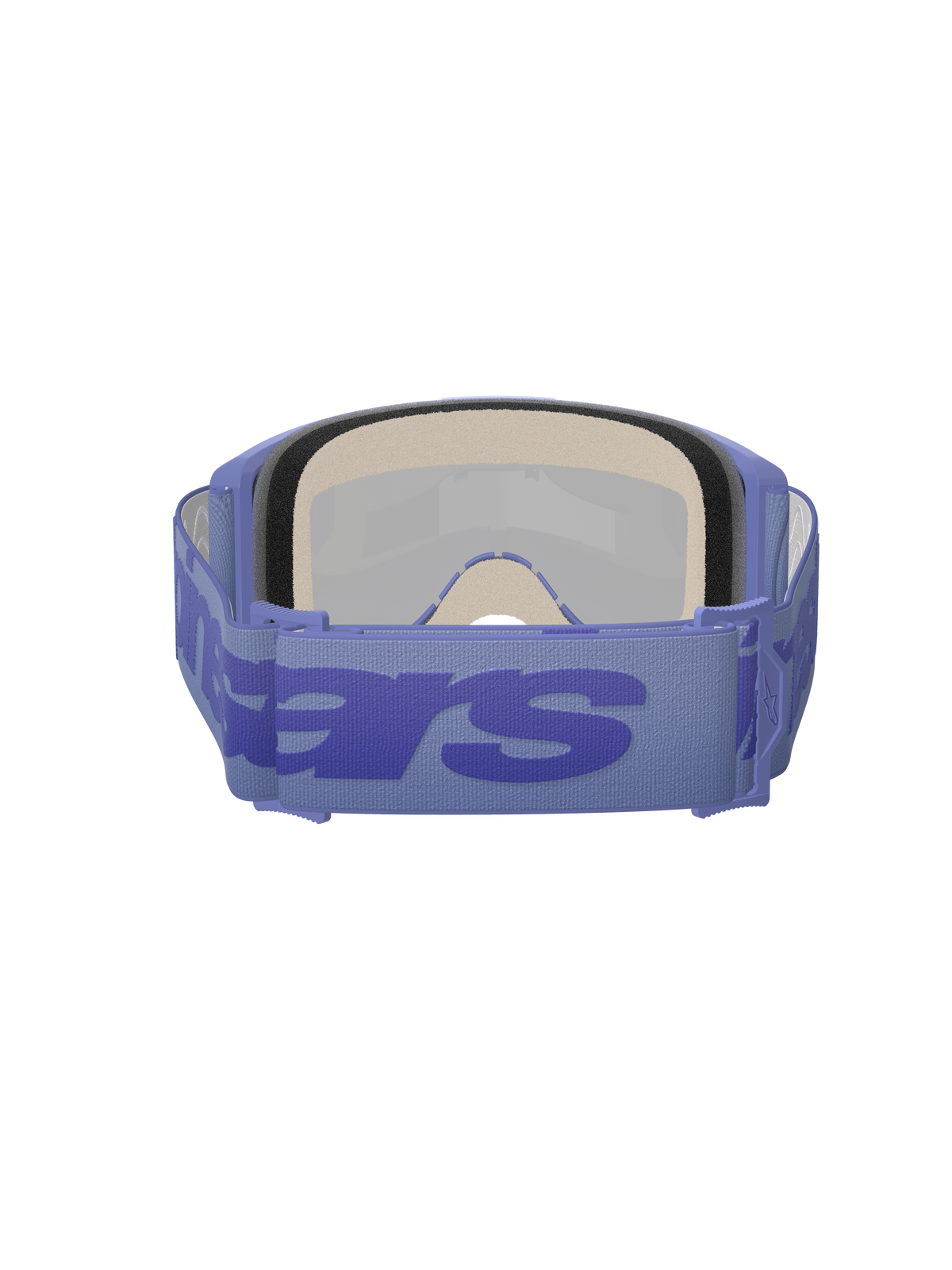 Alpinestars Vision 5 Wordmark Goggles, Motocross Goggles, Purple Mirror Blue, rear view showing thick multi-layer face foam and adjustable purple strap with large blue wordmark branding, high-performance protective eyewear for off-road racing