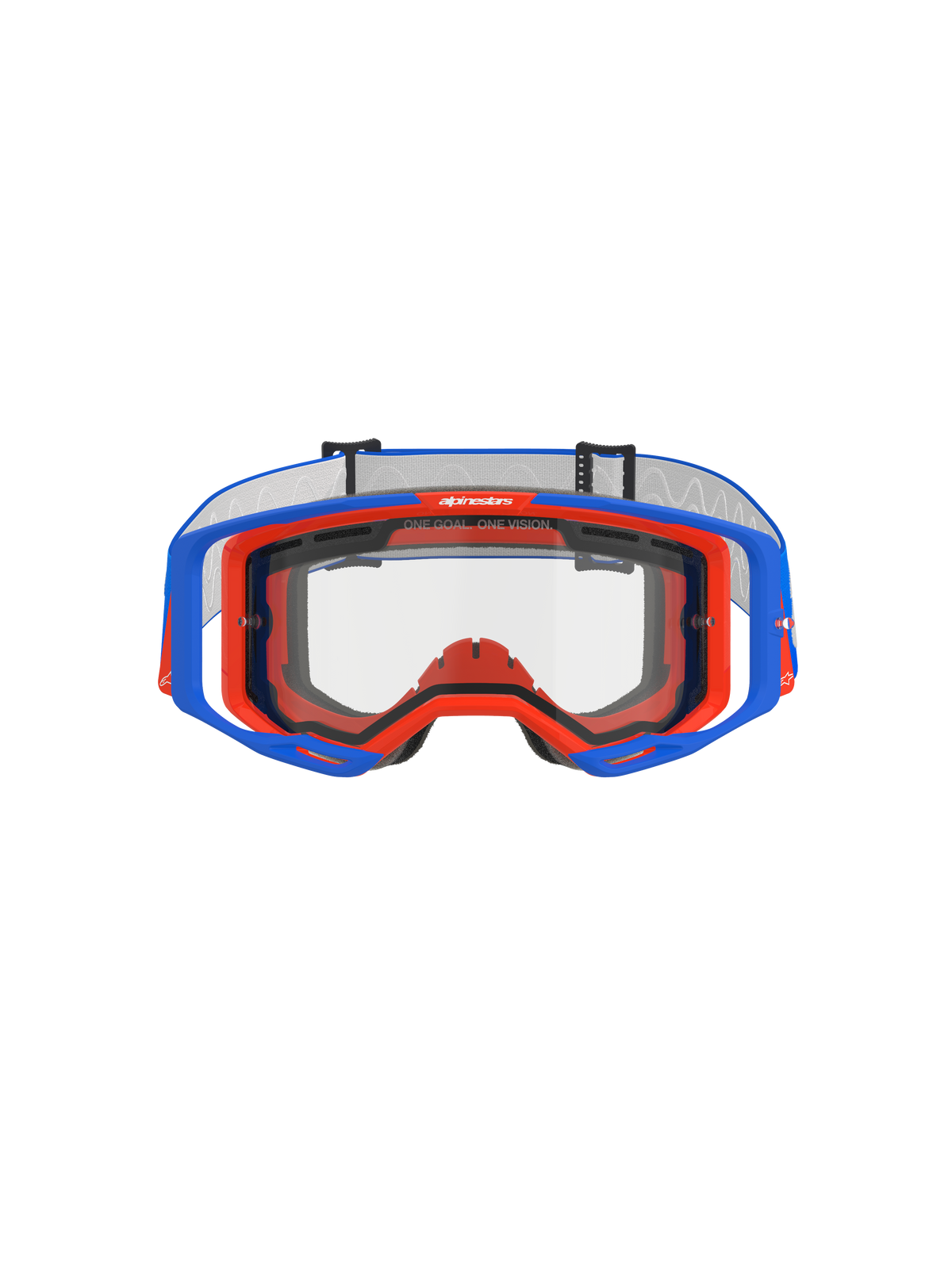 Alpinestars Vision 8 Wordmark Goggles Dual Pane, motocross-briller, blå og orange med klar linse, set forfra, viser A-FLEX-rammen og dobbeltlags linsen, har 'ONE GOAL. ONE VISION.' slogan på den øverste kant, højtydende off-road racerudstyr