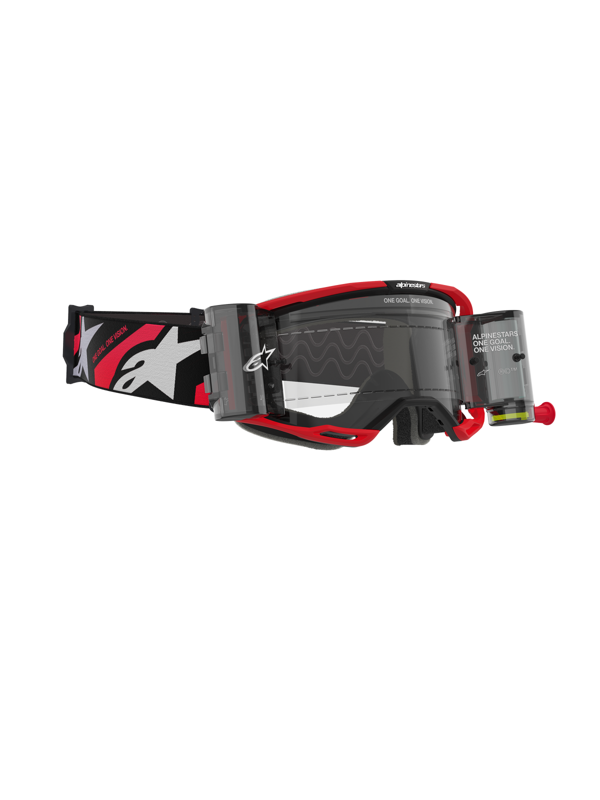 Alpinestars Vision 8 Luar Goggles Roll Off, Motocross Goggles, Red and Black frame with clear lens, featuring integrated roll-off system and wide black strap with white logos and red accents