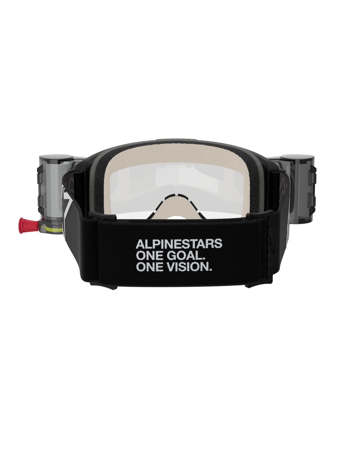 Alpinestars Vision 5 Corp Goggles Roll Off, motocross-briller, sort og klar, set bagfra med en bred sort rem med 'ALPINESTARS ONE GOAL. ONE VISION.' branding, roll-off system-beholdere og behageligt flerlags ansigtsskum