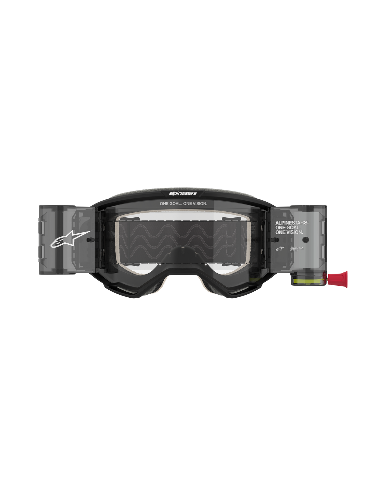 Alpinestars Vision 5 Corp Goggles Roll Off, motocross-briller, sort med klar linse, med integrerede Wide Vision Roll-Off-systembeholdere, anti-dug polycarbonatlinse, A-FLEX urethanramme og markant Alpinestars-branding.