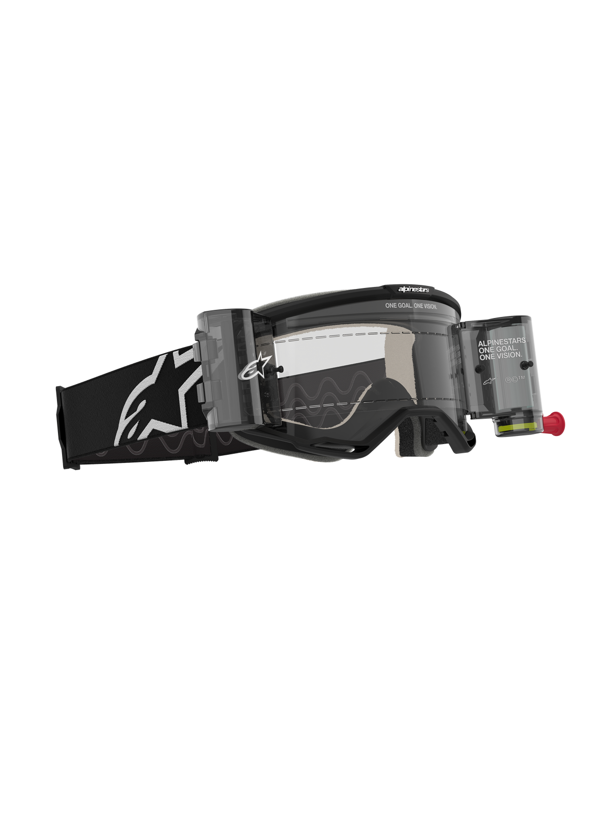 Alpinestars Vision 5 Corp Goggles Roll Off, motocross-briller, sort med klar linse, med Wide Vision Roll-Off-system, beholdere og film, sort vævet rem med hvidt Alpinestars-logo, højtydende øjenbeskyttelse til off-road kørsel