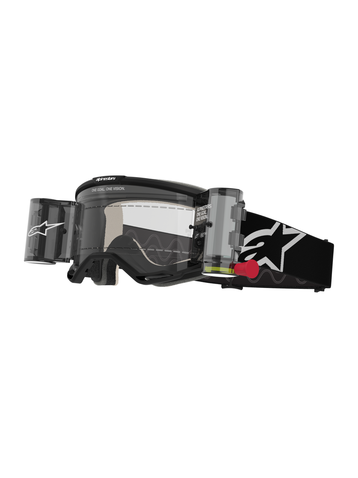 Alpinestars Vision 5 Corp Goggles Roll Off, motocrossbriller, sort og hvid, klar linse med integreret Wide Vision roll-off-system, rød trækknap, sort rem med hvidt stjernelogo, ONE GOAL ONE VISION-branding