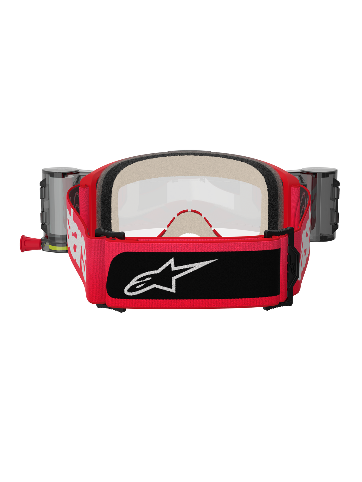 Alpinestars Vision 5 Blaze Roll-Off briller, rød og sort, set bagfra viser bred vævet rem med hvidt logo og sort logomærke, tykt flerlagsskum og Wide Vision Roll-Off-systembeholdere på siderne, beskyttelsesudstyr til motocross