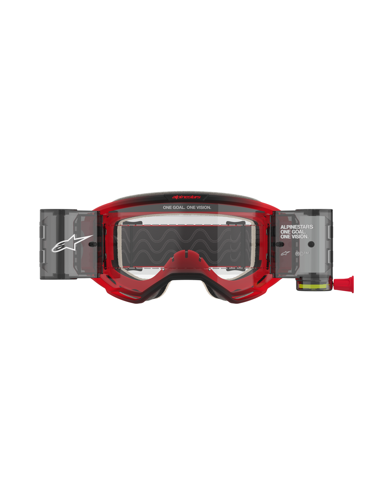 Alpinestars Vision 5 Blaze Goggles Roll Off, motocross-briller, rød ramme med klar linse, med integreret Wide Vision Roll-Off-system og sidebeholdere, 'ONE GOAL. ONE VISION.'-branding på rammen og linsen, professionel øjenbeskyttelse til terrænkørsel.