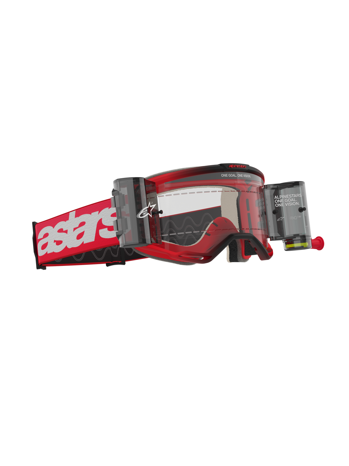 Alpinestars Vision 5 Blaze Goggles Roll Off, motocross-briller, rød ramme med hvidt astars-logo på remmen, klar linse med integrerede Wide Vision Roll-Off system-beholdere, holdbar øjenbeskyttelse til off-road kørsel