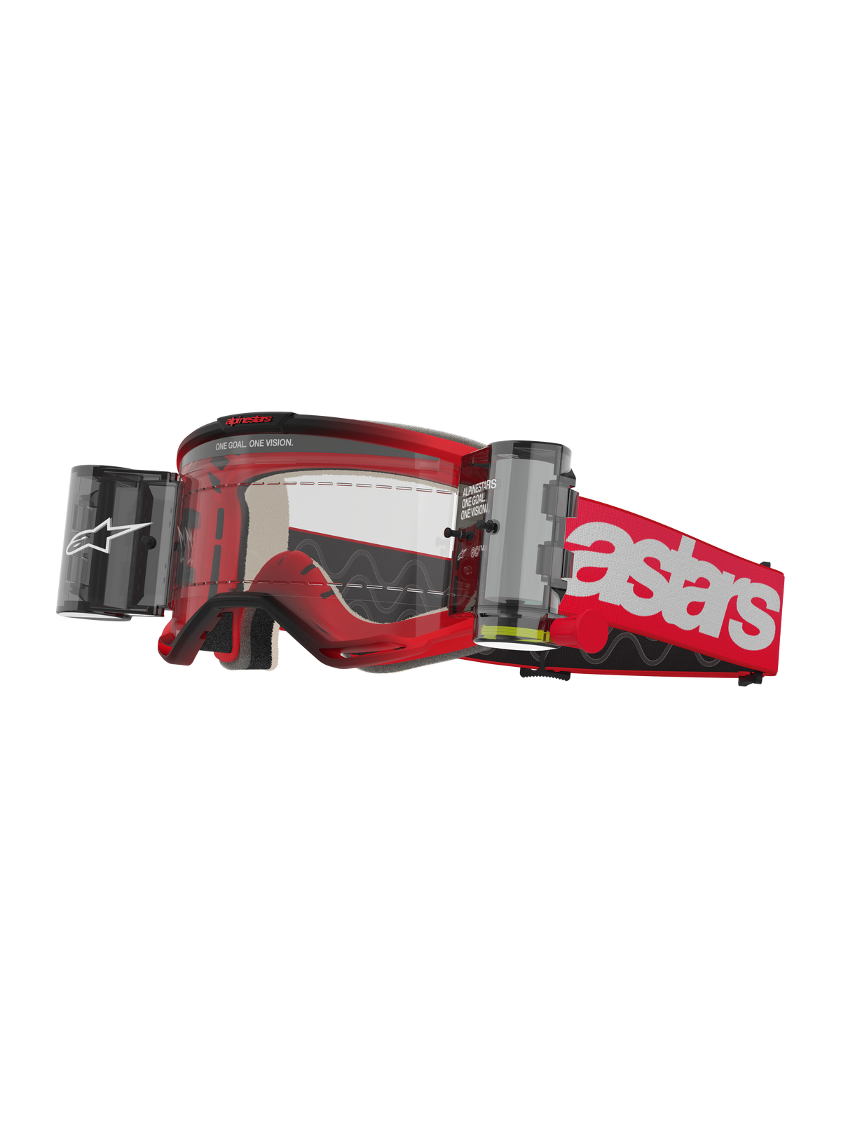 Alpinestars Vision 5 Blaze Goggles Roll Off, motocross-beskyttelsesbriller, rød og hvid, klar linse med integreret Wide Vision Roll-Off filmsystem, dobbelte sidebeholdere, rød vævet rem med markant hvidt astars-branding, slidstærk urethan-ramme med skumpolstring, off-road racerbriller