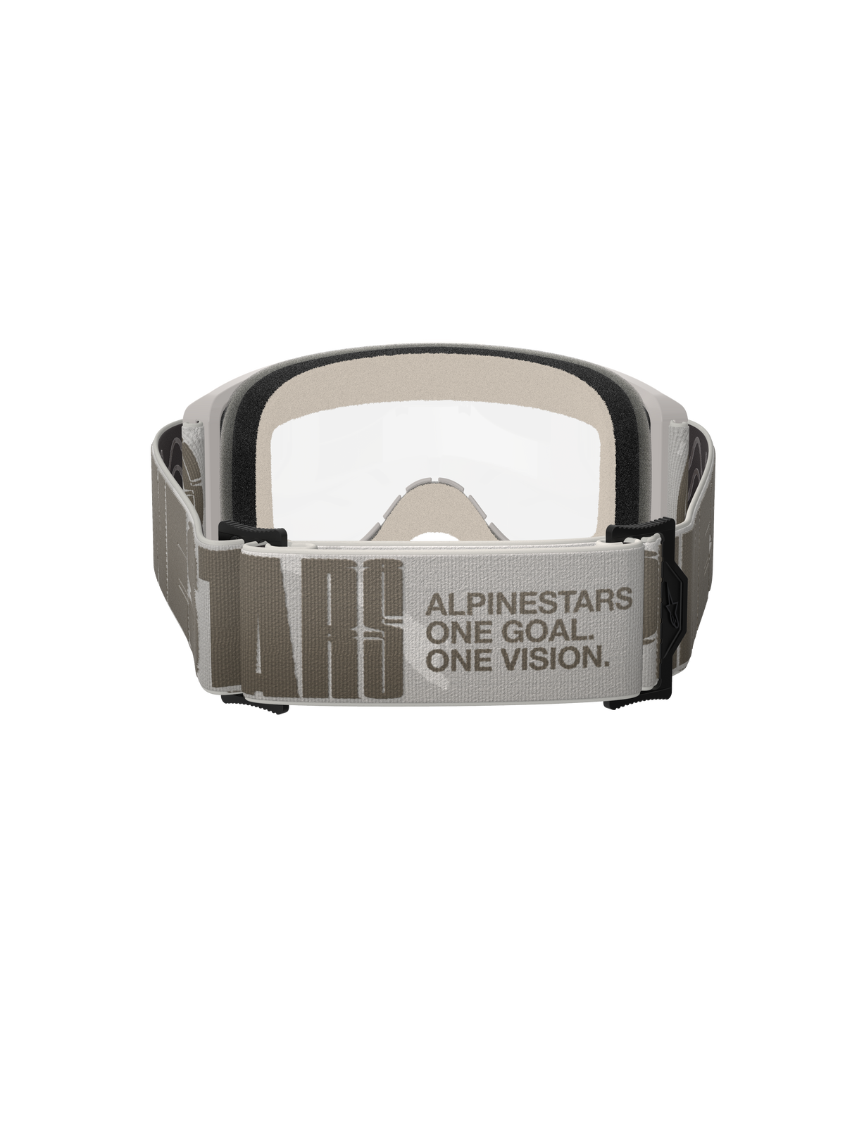 Alpinestars Vision 5 Hollow Goggles, motocross-briller, Wind Clear, set bagfra med fokus på den brede lysegrå rem med Alpinestars-branding og 'One Goal One Vision'-slogan, hvid ramme med klar linse og tykt ansigtsskum synligt