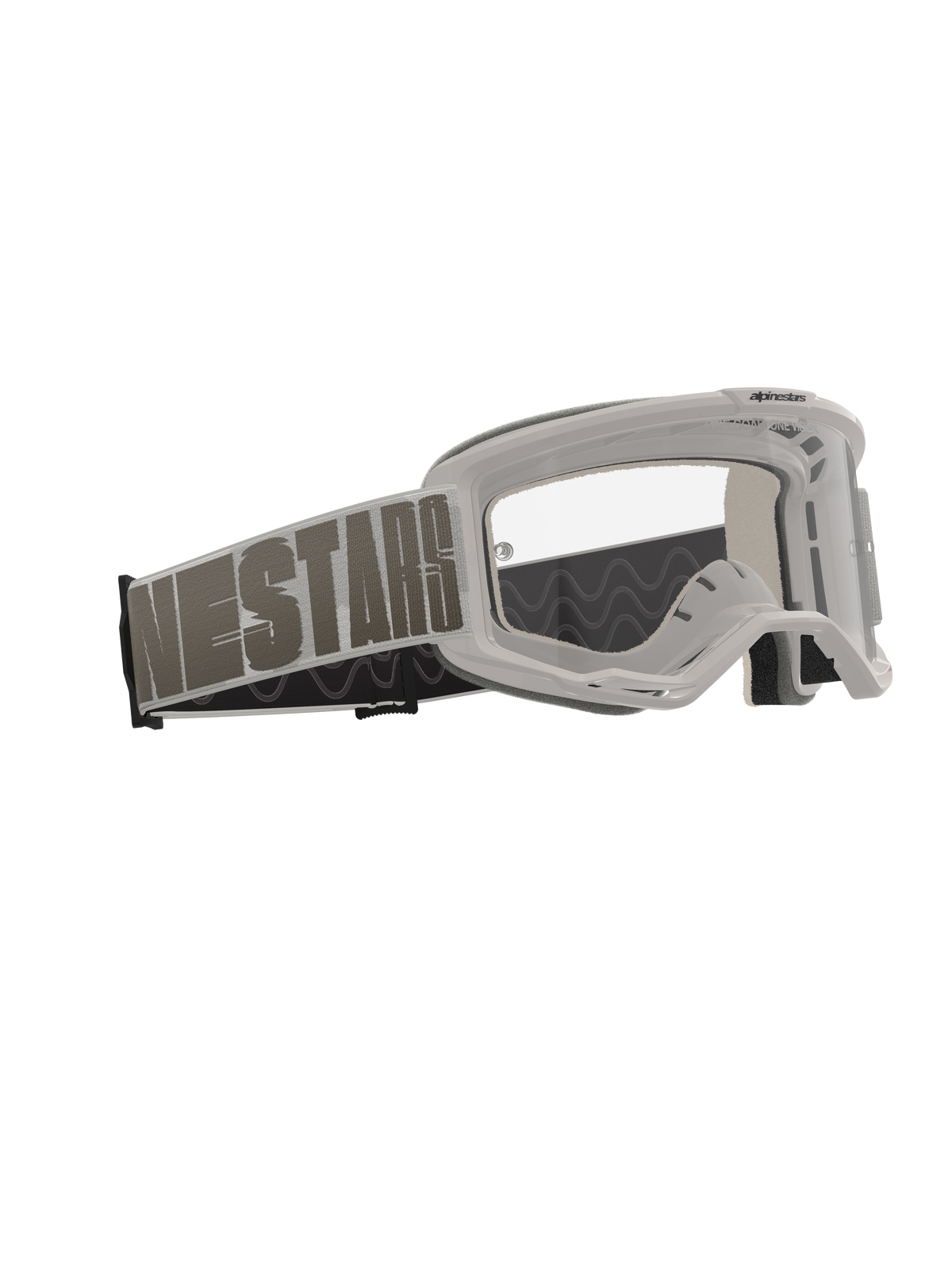 Alpinestars Vision 5 Hollow-briller, motocross-briller, Wind Clear, lysegråt stel med klar antidug-linse, bred vævet rem med markant 'NESTARS'-branding, højtydende beskyttelsesbriller til off-road kørsel
