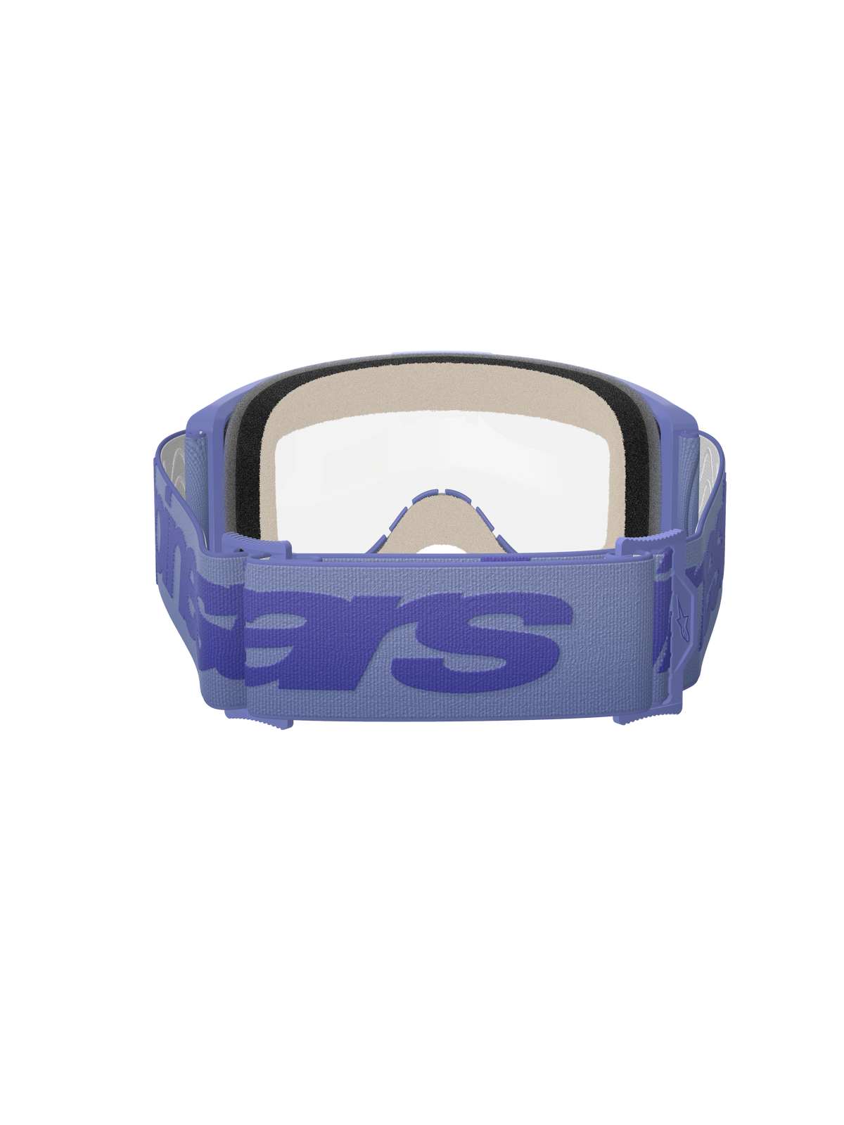 Alpinestars Vision 5 Wordmark Goggles, lilla og klare, set bagfra viser tre-lags ansigtsskum, bred lilla vævet rem med markant wordmark-branding, klar linse, designet til motocross og terrænkørsel