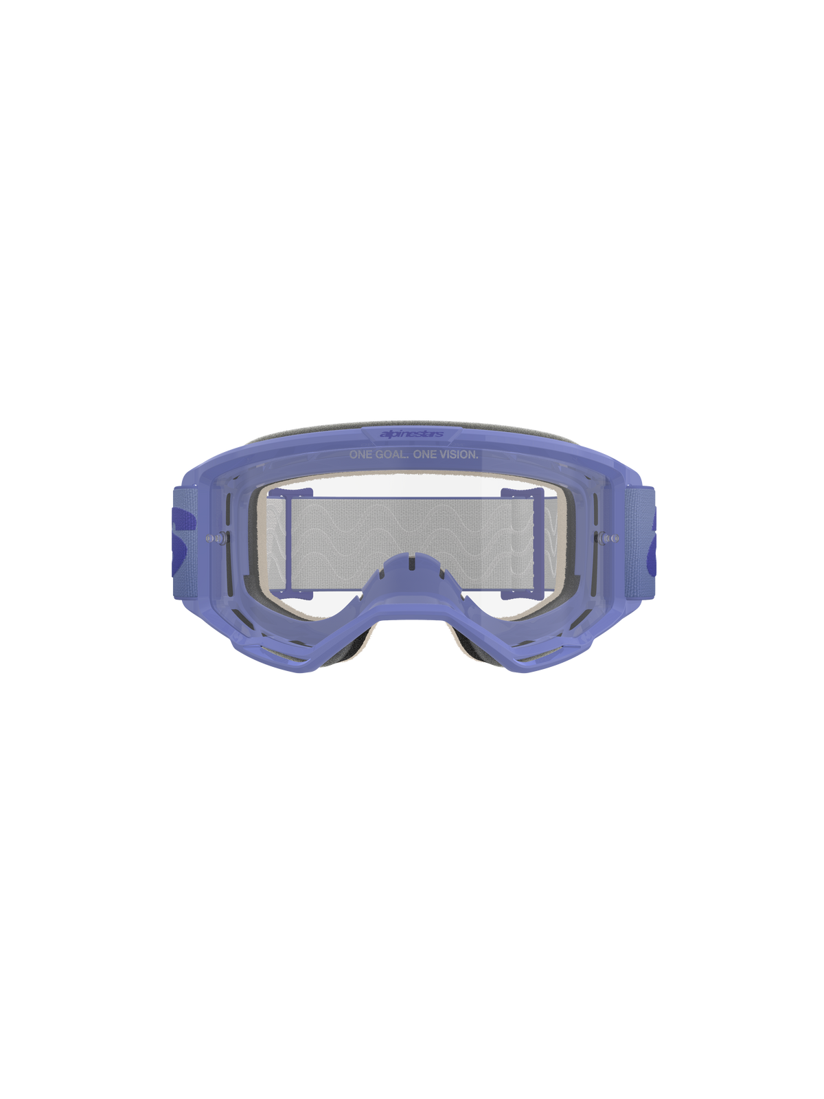 Alpinestars Vision 5 Wordmark Goggles, lilla og klare, med let A-FLEX urethanramme, klar anti-dug polycarbonatlinse med 'ONE GOAL. ONE VISION.' branding, 17 mm flerlags ansigtsskum og lilla vævet rem med markant wordmark-logo, professionel motocross-øjenbeskyttelse