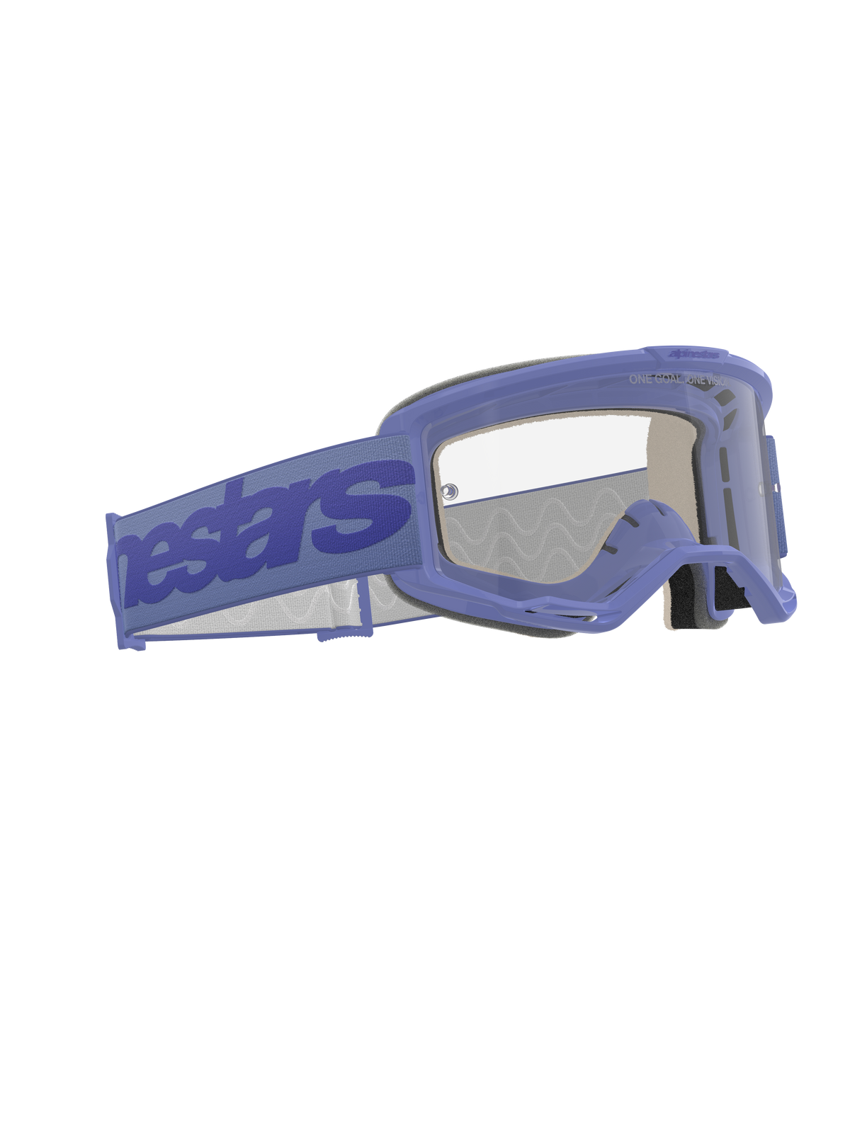 Alpinestars Vision 5 Wordmark Goggles, motocross-briller, lilla og klar, med en bred lilla rem med Alpinestars-branding, fleksibel urethan-ramme, klar anti-dug-linse og flerlags ansigtsskum
