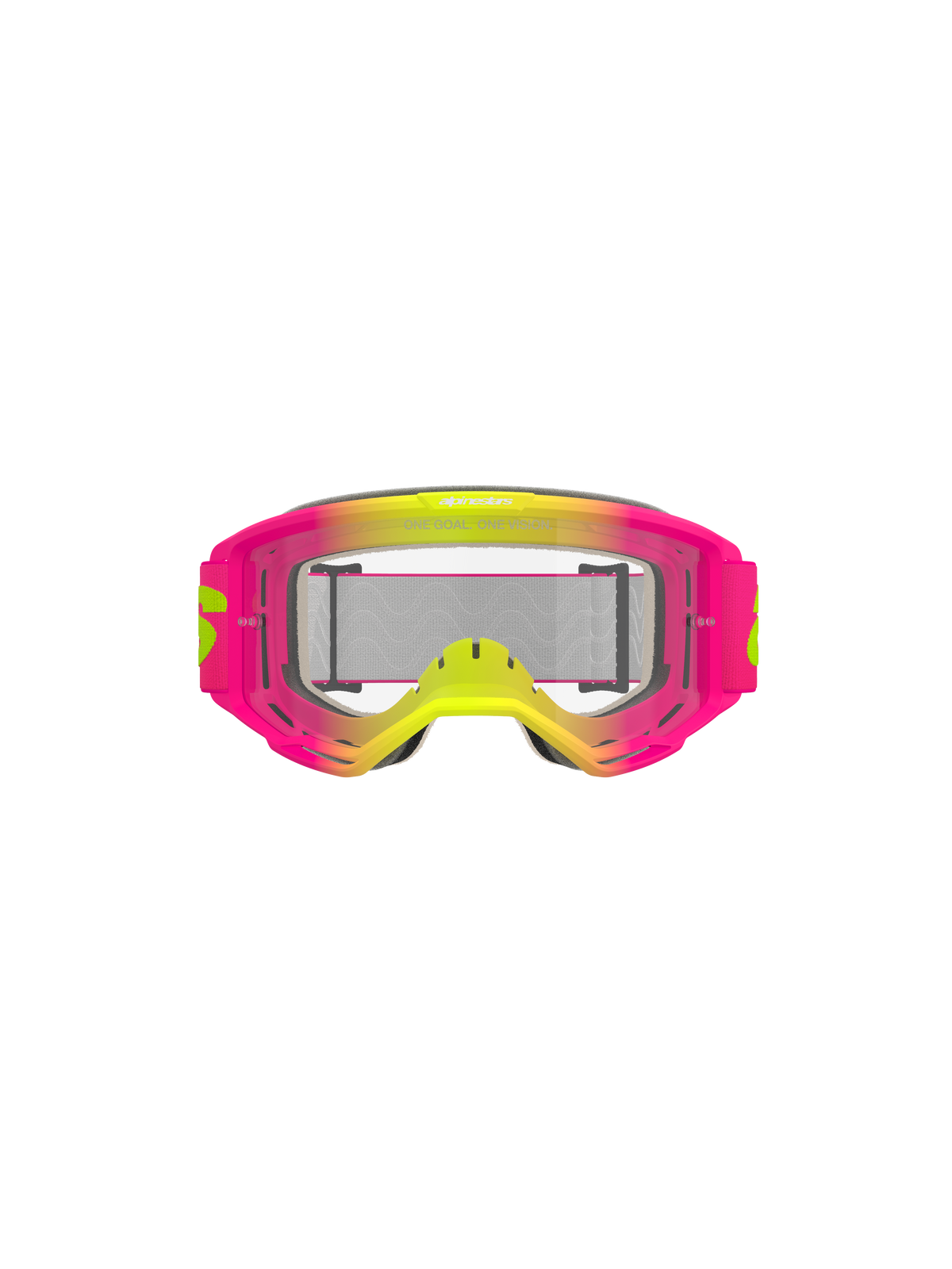 Alpinestars Vision 5 Wordmark briller, motocrossbriller, pink og fluorescerende gul med klar linse, farvestrålende gradient-ramme, bred vævet rem med gul branding, højtydende øjenbeskyttelse til off-road kørsel