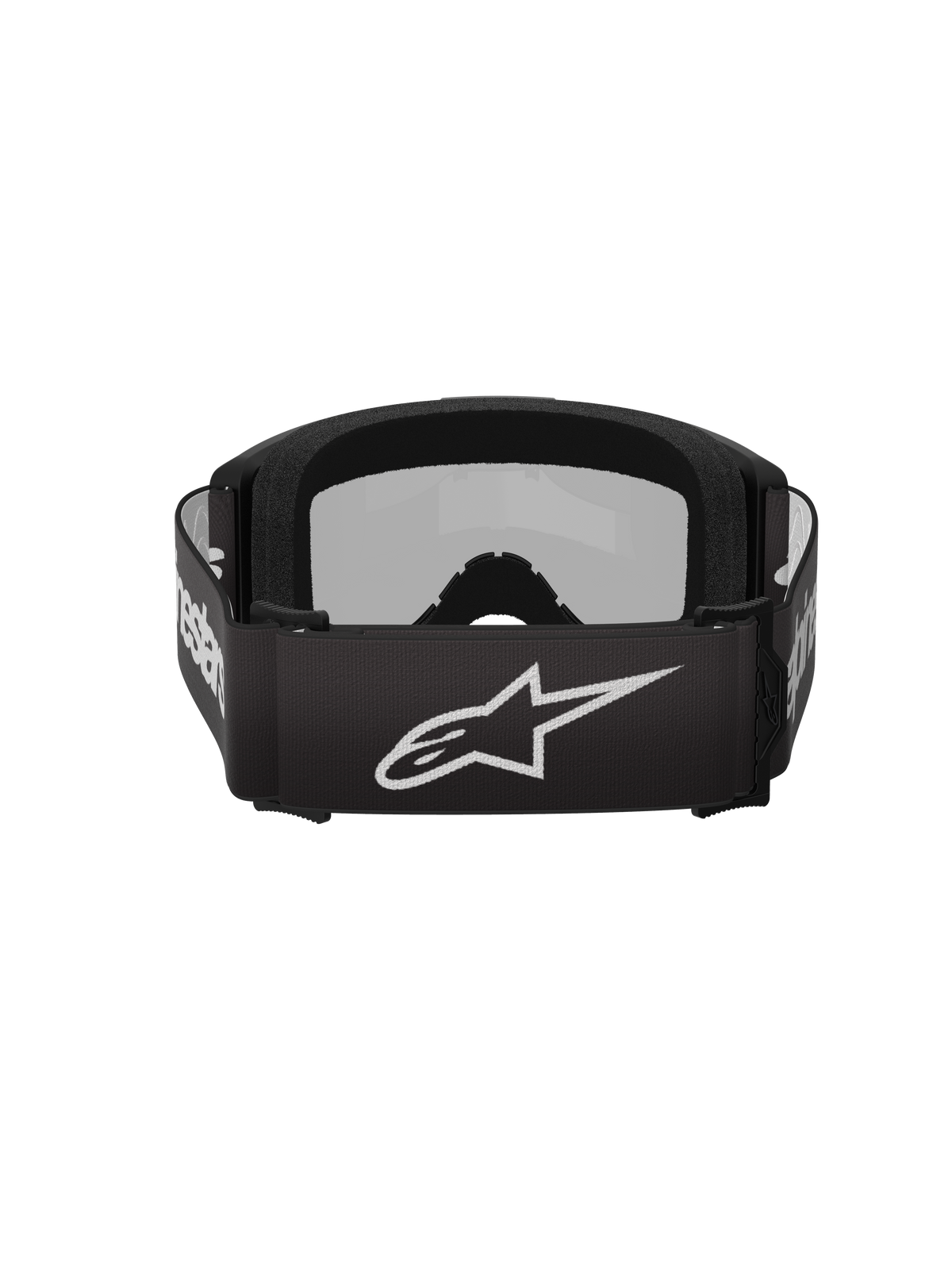 Alpinestars Vision 3 Wordmark Goggles, motocross-briller, sort og spejlsølv, set bagfra med en sort vævet rem med et hvidt Alpinestars-logo og blød indvendig skumpolstring.