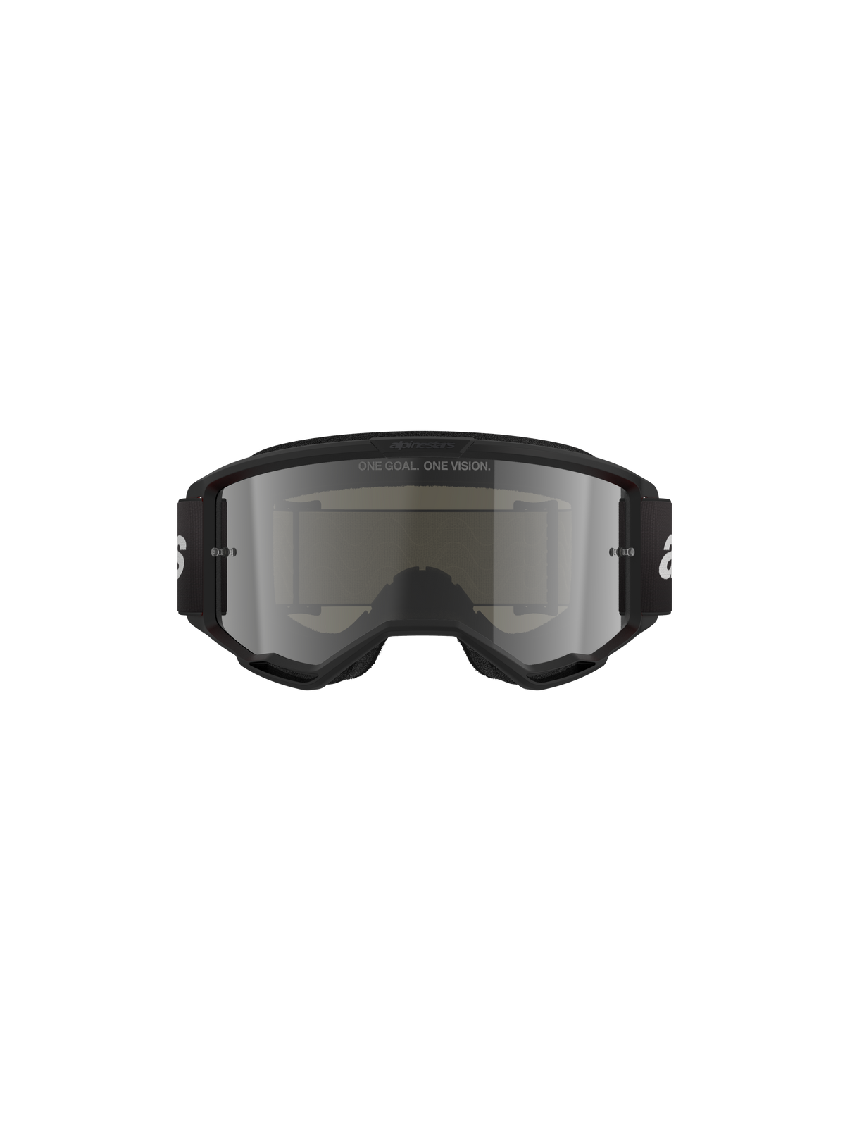 Alpinestars Vision 3 Wordmark Goggles, motocross-briller, Black Mirror Silver, med en elegant sort ramme og sølvspejlet linse, sort vævet rem med hvidt logo, designet til terrænkørsel og øjenbeskyttelse