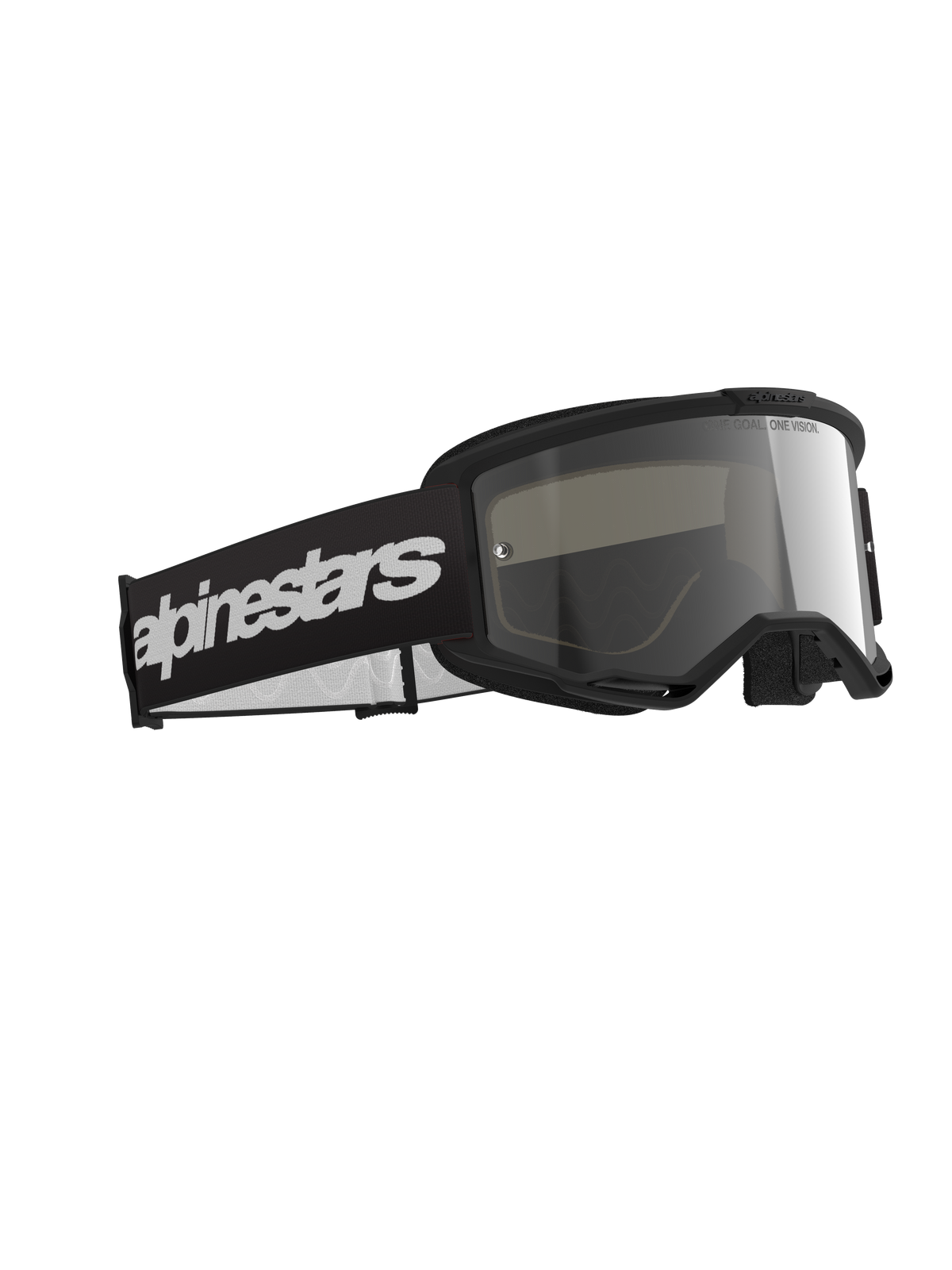 Alpinestars Vision 3 Wordmark Goggles, motocross-briller, sort ramme med Mirror Silver-linse, bred sort rem med markant hvidt Alpinestars wordmark-logo, strømlinet beskyttelsesudstyr til off-road racing