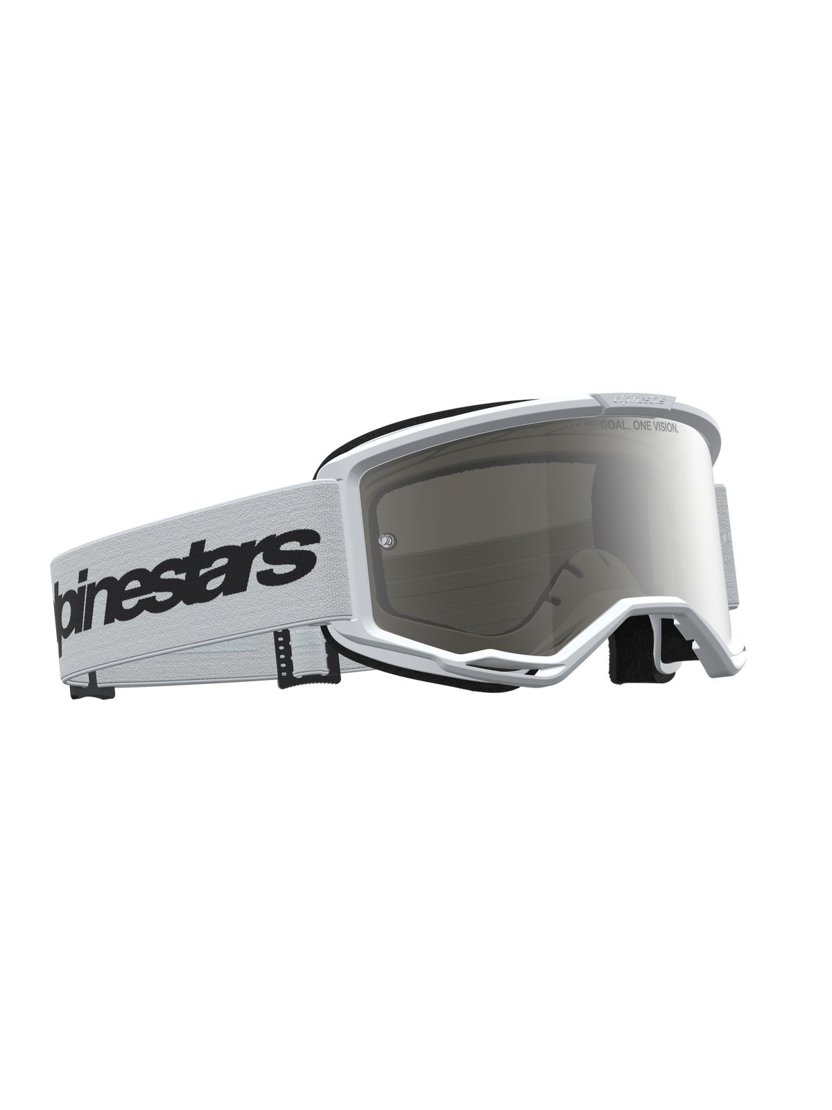 Alpinestars Vision 3 Wordmark Mirror Goggles in white and black, motocross eyewear with anti-fog silver mirror lens.