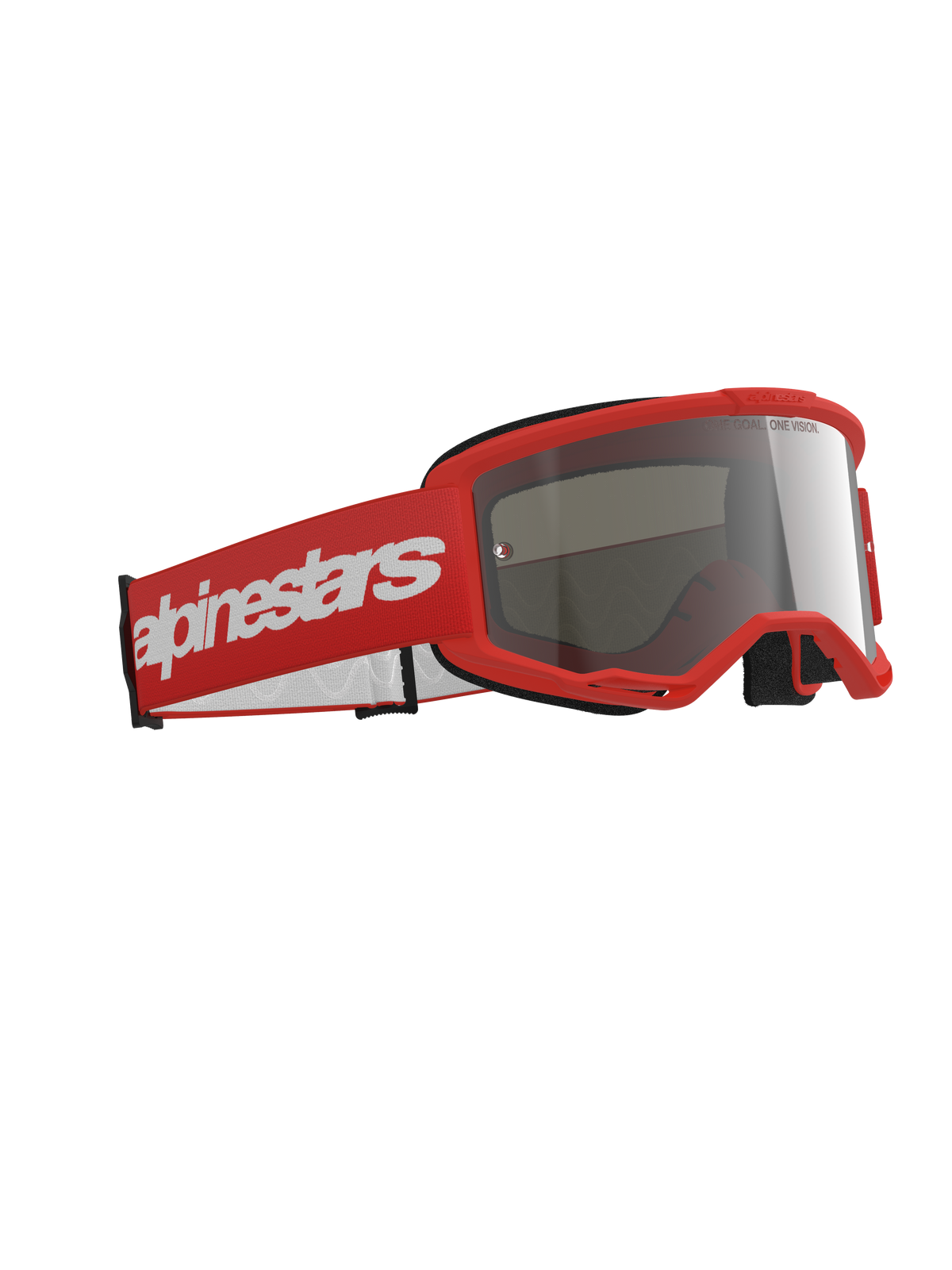 Alpinestars Vision 3 Wordmark Goggles, Motocross Goggles, Red frame with a matching red strap featuring a large white wordmark logo, silver mirror lens, designed for off-road and motocross racing