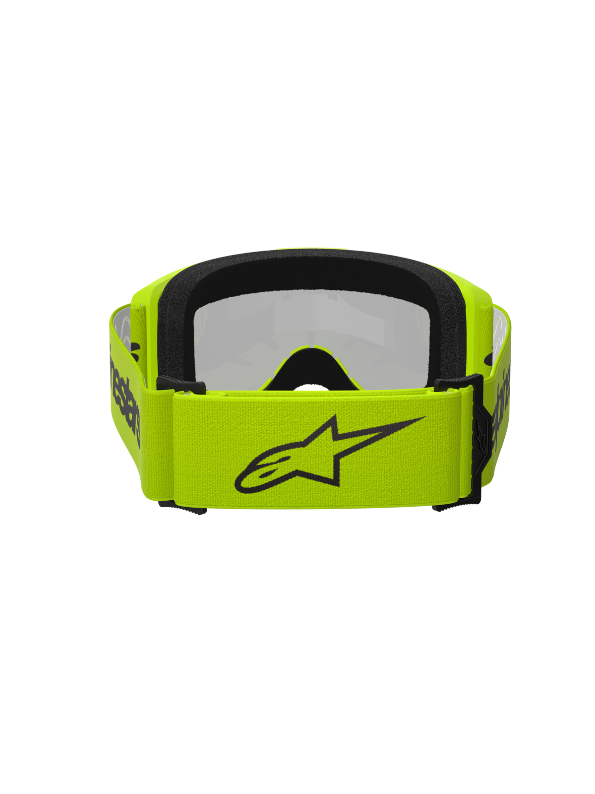 Alpinestars Vision 3 Wordmark Goggles, motocross-briller, fluorescerende gul og sølv-spejl, set bagfra med en bred fluorescerende gul rem med sort stjernelogo og branding, sort ansigtsskum, designet til off-road racing