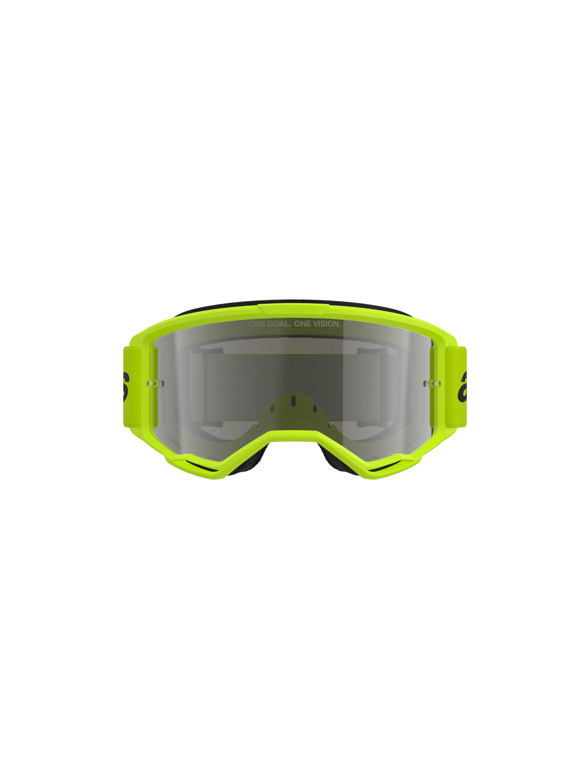 Alpinestars Vision 3 Wordmark Goggles, motocross-briller, gul fluo-ramme med Mirror Silver-linse, matchende gul rem med sort branding, set forfra med fokus på det brede synsfelt