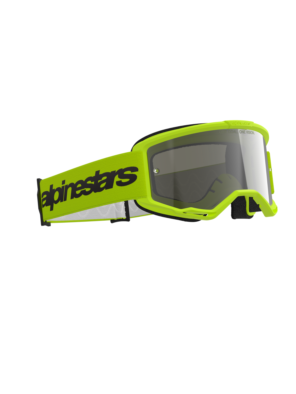 Alpinestars Vision 3 Wordmark Goggles, motocross-briller, neon gul og mirror silver, klar gul ramme med reflekterende sølvlinse, bred gul rem med sort Alpinestars-branding