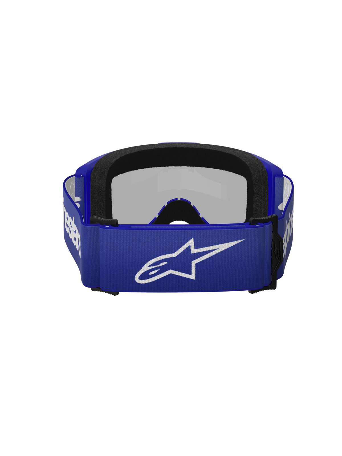 Alpinestars Vision 3 Wordmark Goggles, Motocross Goggles, Blue Mirror Silver, rear view showing blue woven strap with white Alpinestars logo and dual-layer black face foam