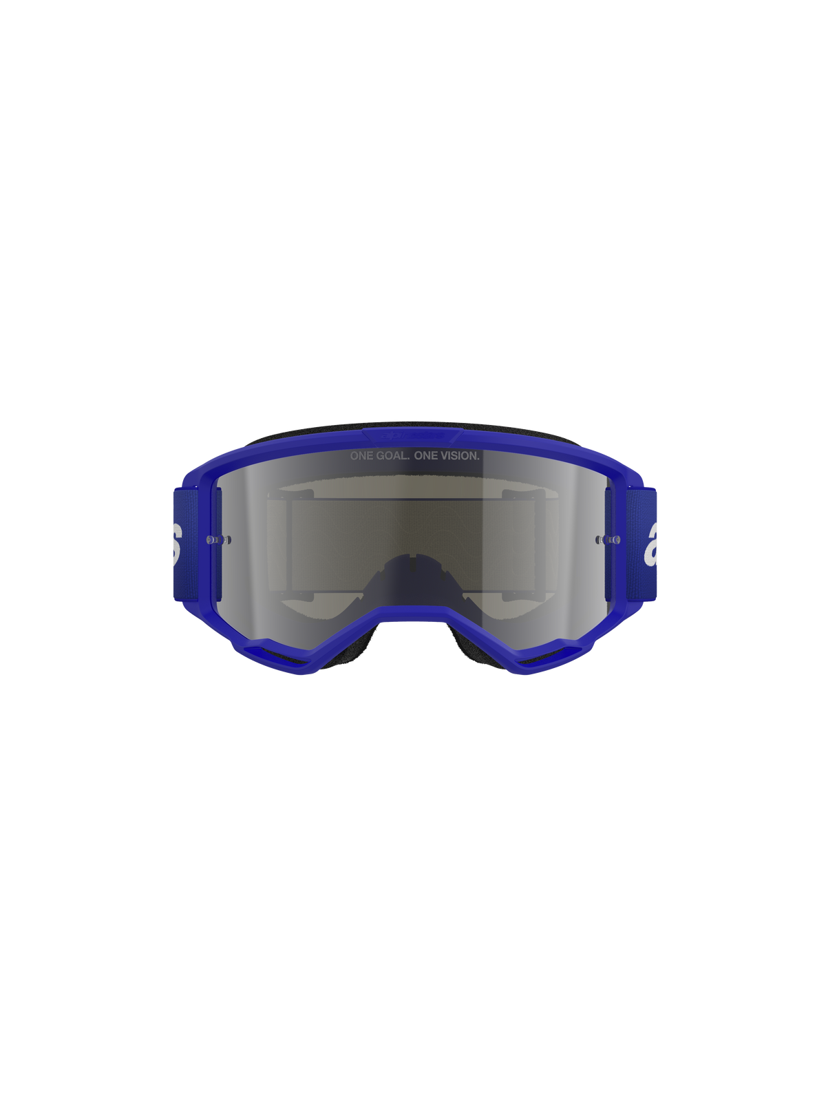 Alpinestars Vision 3 Wordmark Goggles, Motocross Goggles, Blue and Silver Mirror, featuring a vibrant blue frame and wide strap with white wordmark branding, silver mirror lens with 'ONE GOAL. ONE VISION.' text, professional off-road protective eyewear.
