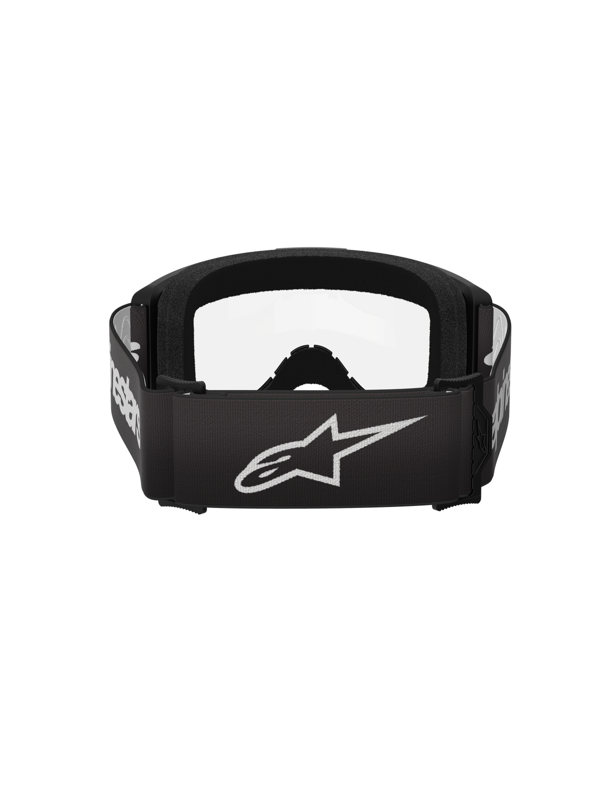 Alpinestars Vision 3 Wordmark Goggles, motocross-briller, sort og klar, set bagfra med en bred sort rem, hvidt Alpinestars stjernelogo og ordmærke, tykt sort ansigtsskum og klar linse.