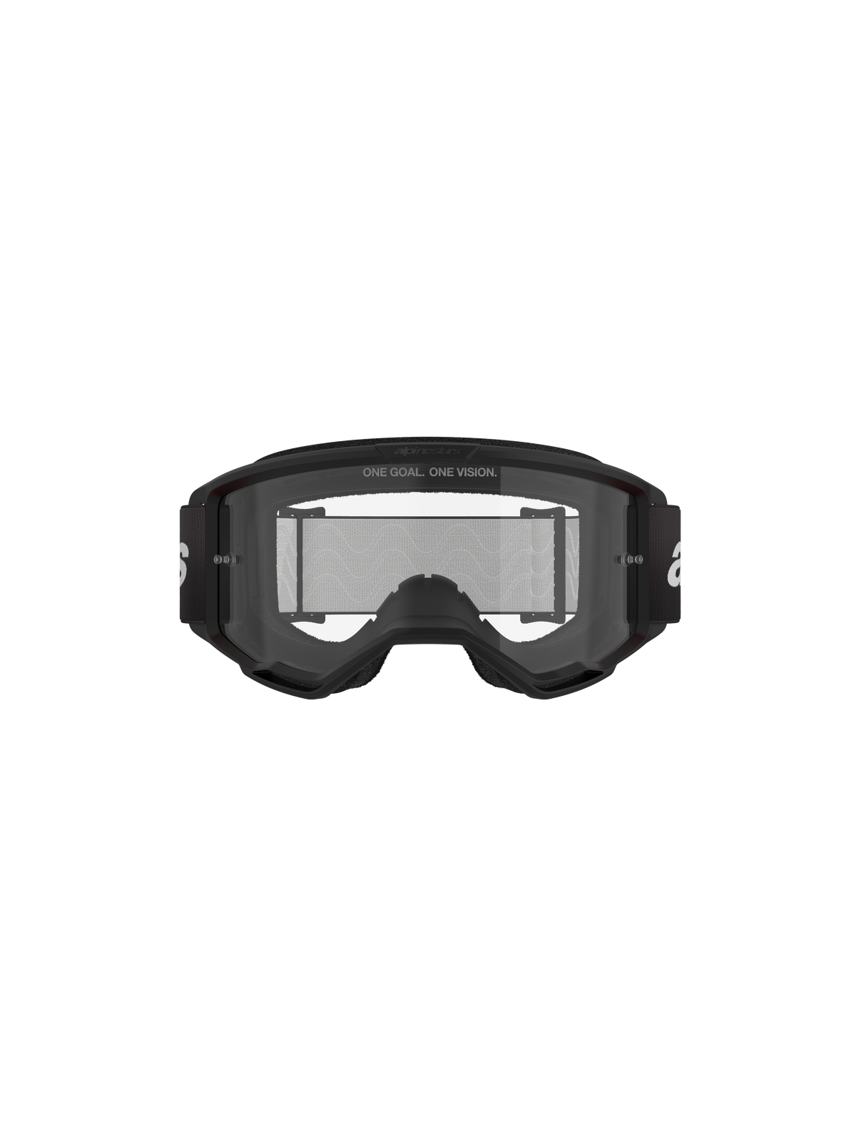 Alpinestars Vision 3 Wordmark Goggles, motocross-briller, sort og klar, set forfra med klar anti-dug linse, A-FLEX-ramme, sort rem med hvidt Alpinestars-logo og 'ONE GOAL. ONE VISION.' slogan-detalje.