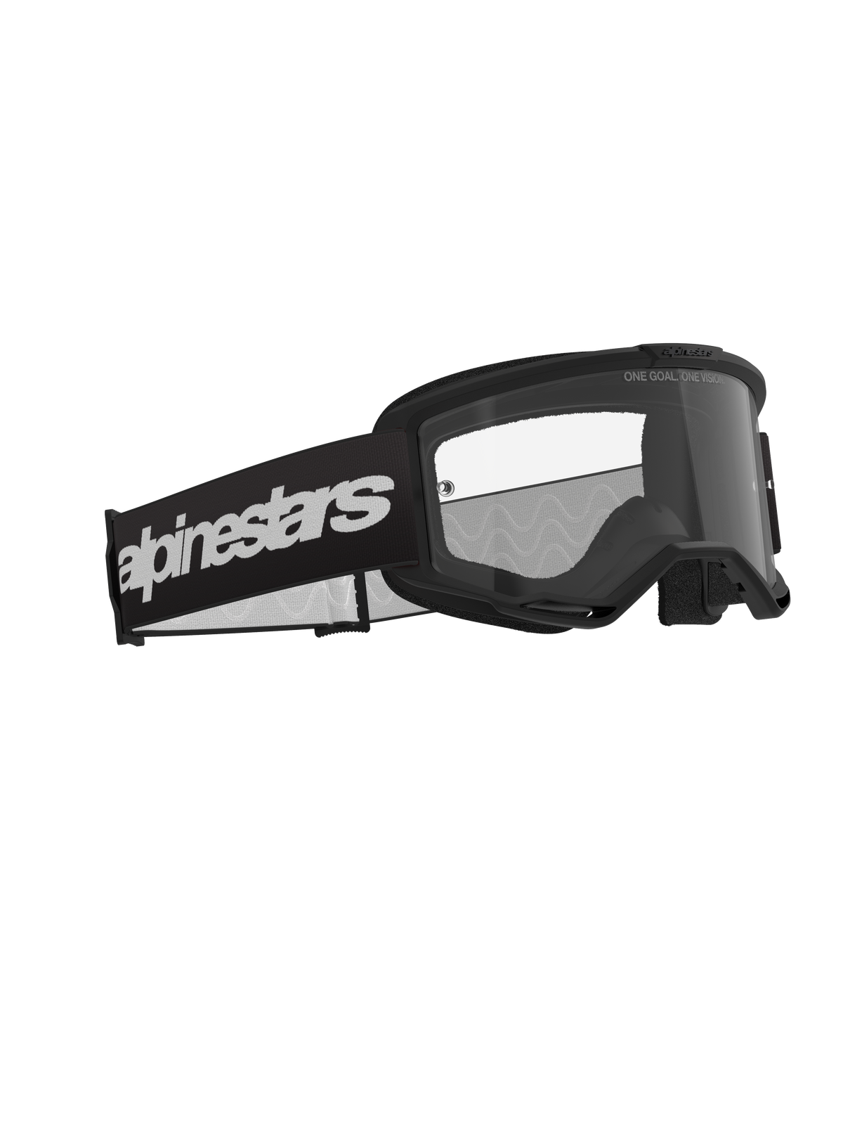 Alpinestars Vision 3 Wordmark briller, motocross briller, sort og klar, med en bred sort rem med et markant hvidt wordmark-logo, klar anti-dug linse med "ONE GOAL. ONE VISION." tekst, strømlinet performance-design til off-road racing