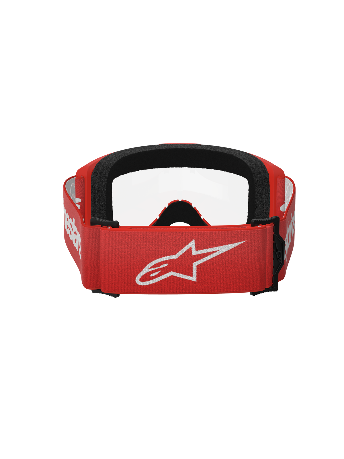 Alpinestars Vision 3 Wordmark Goggles, motocrossbriller, rød og klar, set bagfra med rød vævet rem, stort hvidt Alpinestars-logo og sort ansigtsskum
