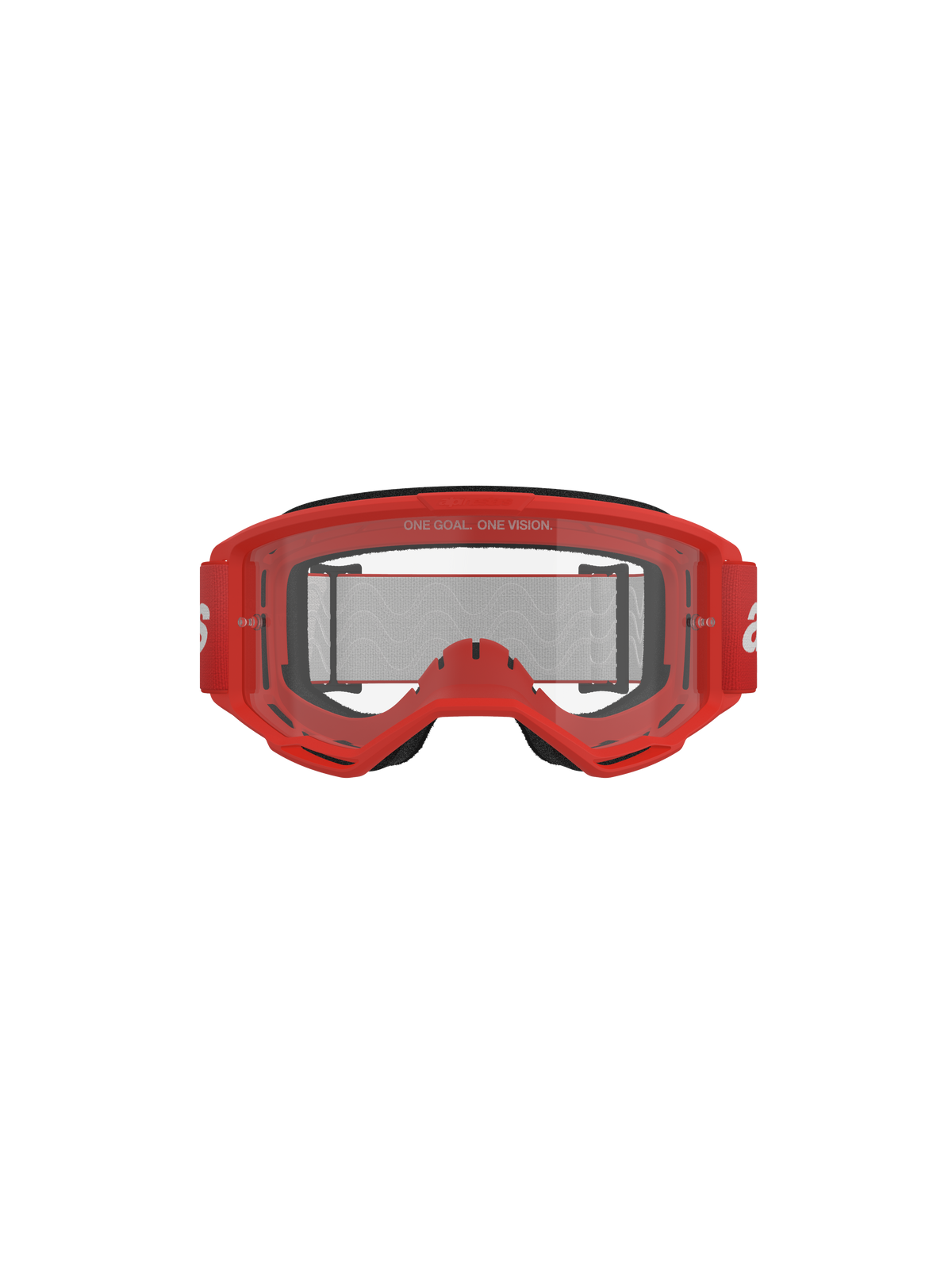 Alpinestars Vision 3 Wordmark Goggles, motocross-briller, rød ramme og klar linse, rød vævet rem med hvid branding, 'ONE GOAL. ONE VISION.' tekst på linsen, frontalt studiobillede på hvid baggrund