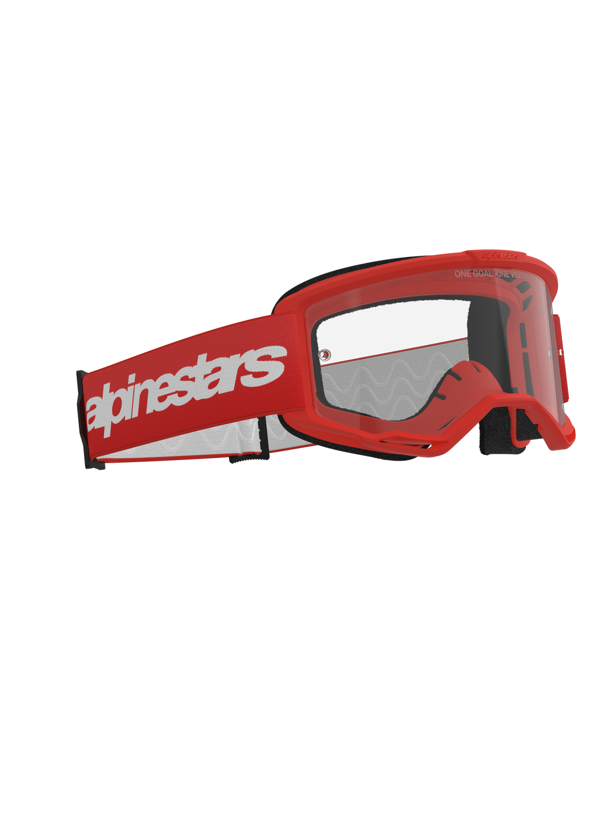 Alpinestars Vision 3 Wordmark goggles, motocross-briller, rød med klar linse, rød ramme og bred rød rem med hvidt Alpinestars-branding, professionelle briller til off-road racing