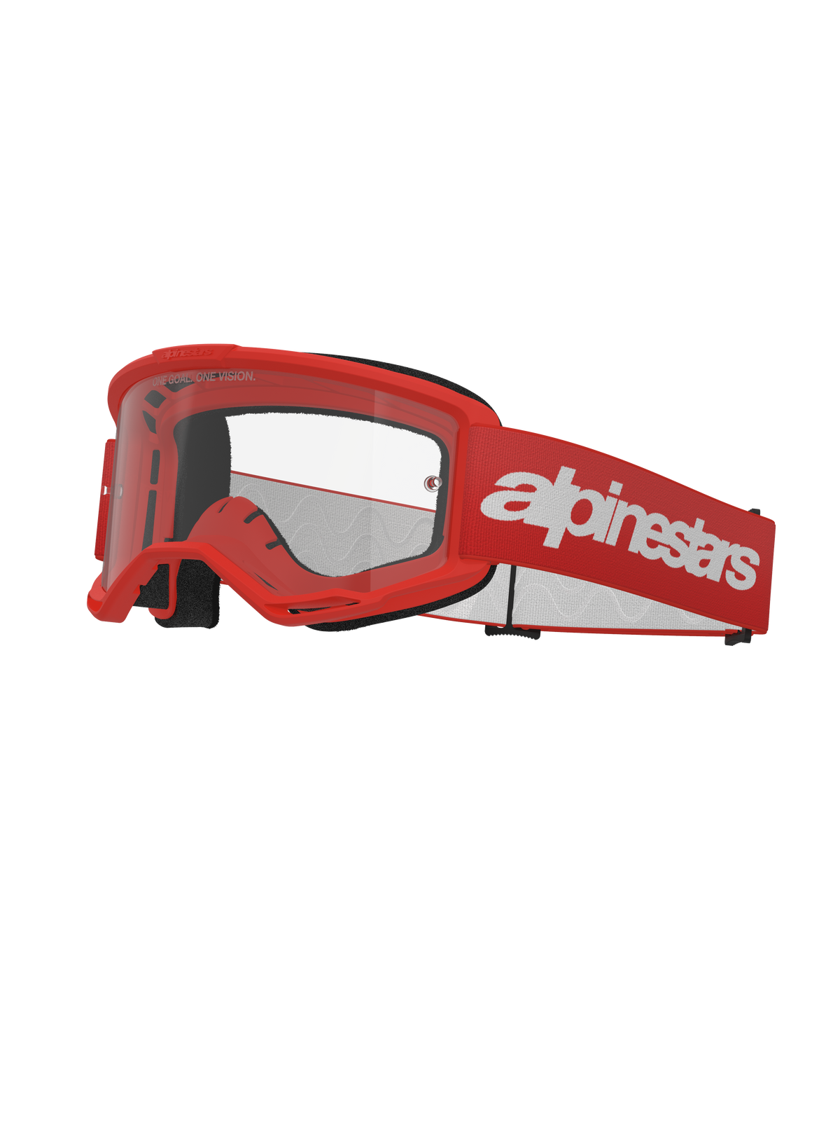 Alpinestars Vision 3 Wordmark Goggles, motocross-briller, rød og hvid, klar linse, bred rød rem med tydelig hvid tekst, sort skumpolstring og ventileret A-FLEX-ramme til off-road racing
