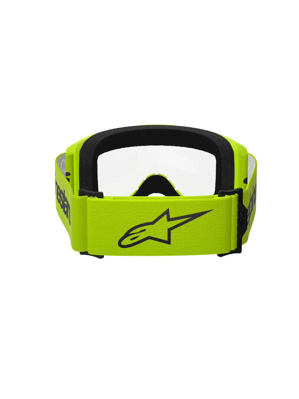 Alpinestars Vision 3 Wordmark Goggles, motocross-briller, gul fluo med klar linse, set bagfra med bred gul rem og sort Alpinestars-logo, sort skuminteriør, holdbart design til off-road racing