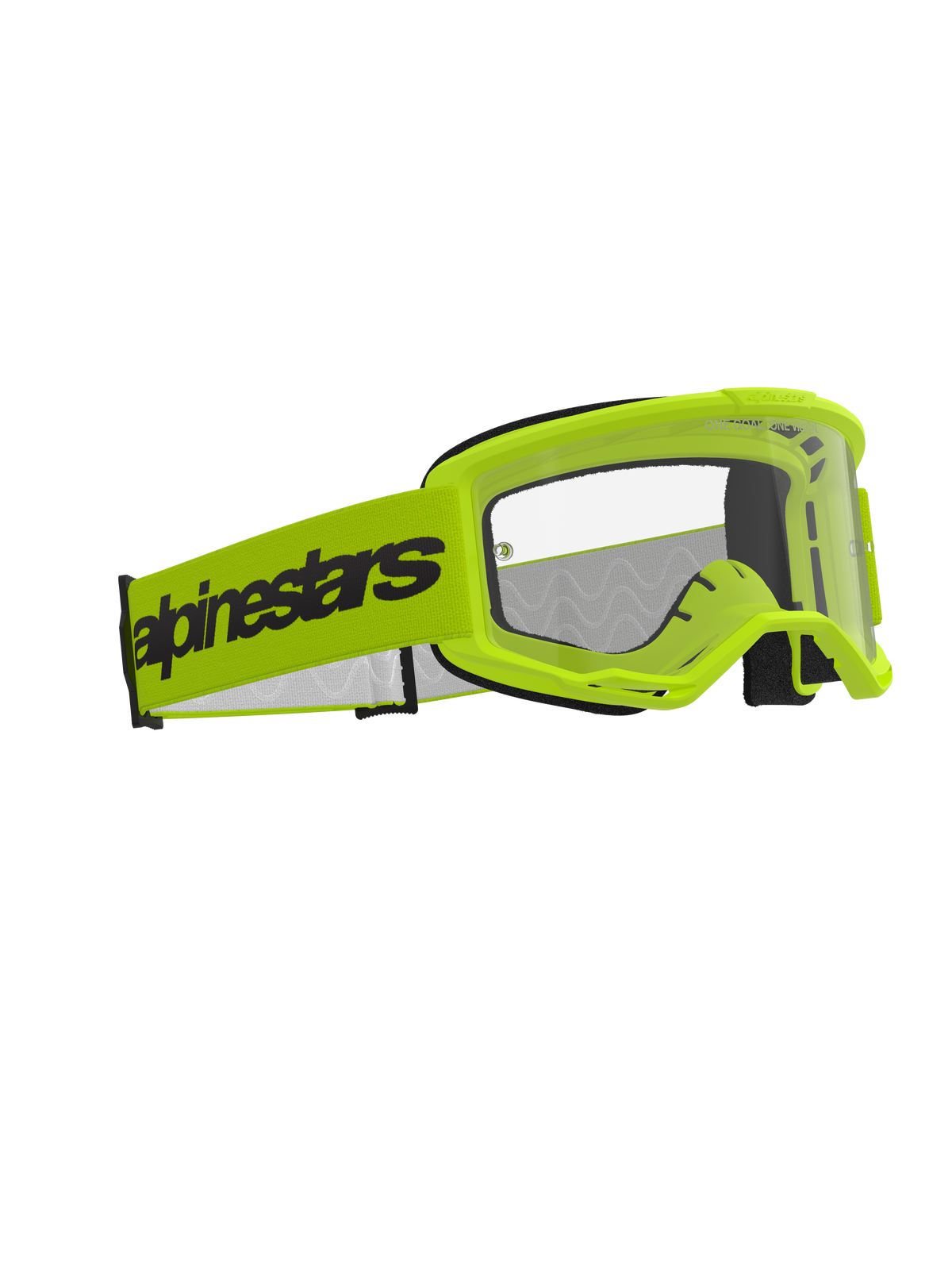 Alpinestars Vision 3 Wordmark Goggles, motocross-briller, neon-gul med klar linse, bred neon-gul rem med sort Alpinestars-wordmark, letvægts A-FLEX ramme med RAM-AIR ventilation, højtydende øjenbeskyttelse til terrænkørsel