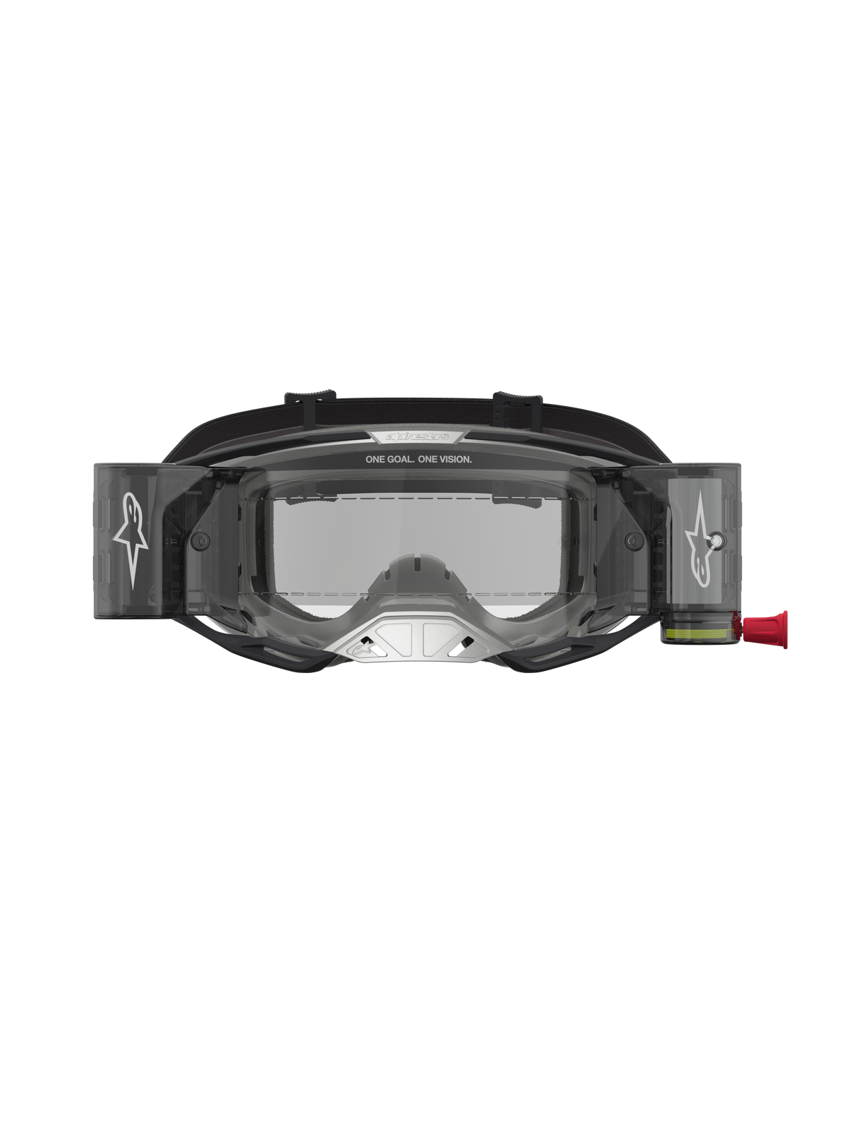 Alpinestars Vision 8 Amber Roll Off goggles, motocrossbriller i sort og sølv med integreret roll-off-system og klar linse.
