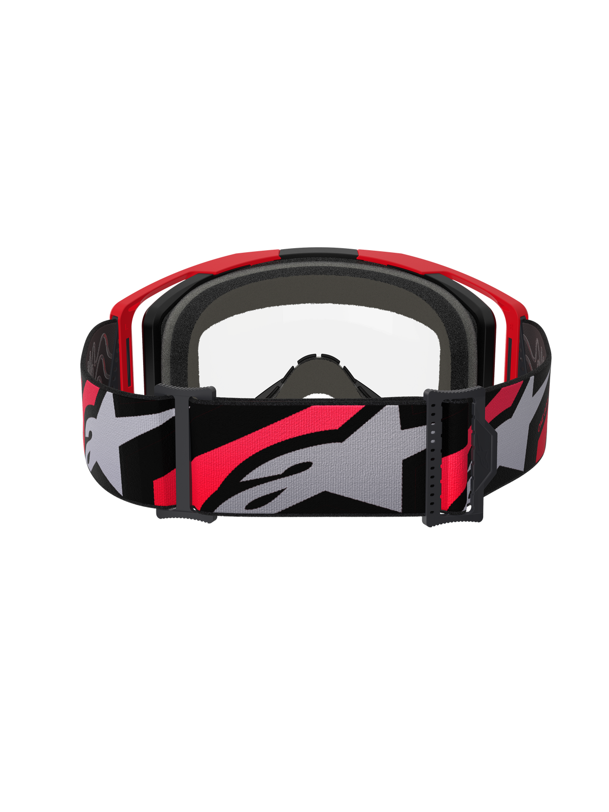 Alpinestars Vision 8 Luar Goggles, motocross-briller, rød, sort og klar, set bagfra med en bred vævet strop med markant stjernelogo, flerlags ansigtsskum og letvægts A-FLEX-rammedesign
