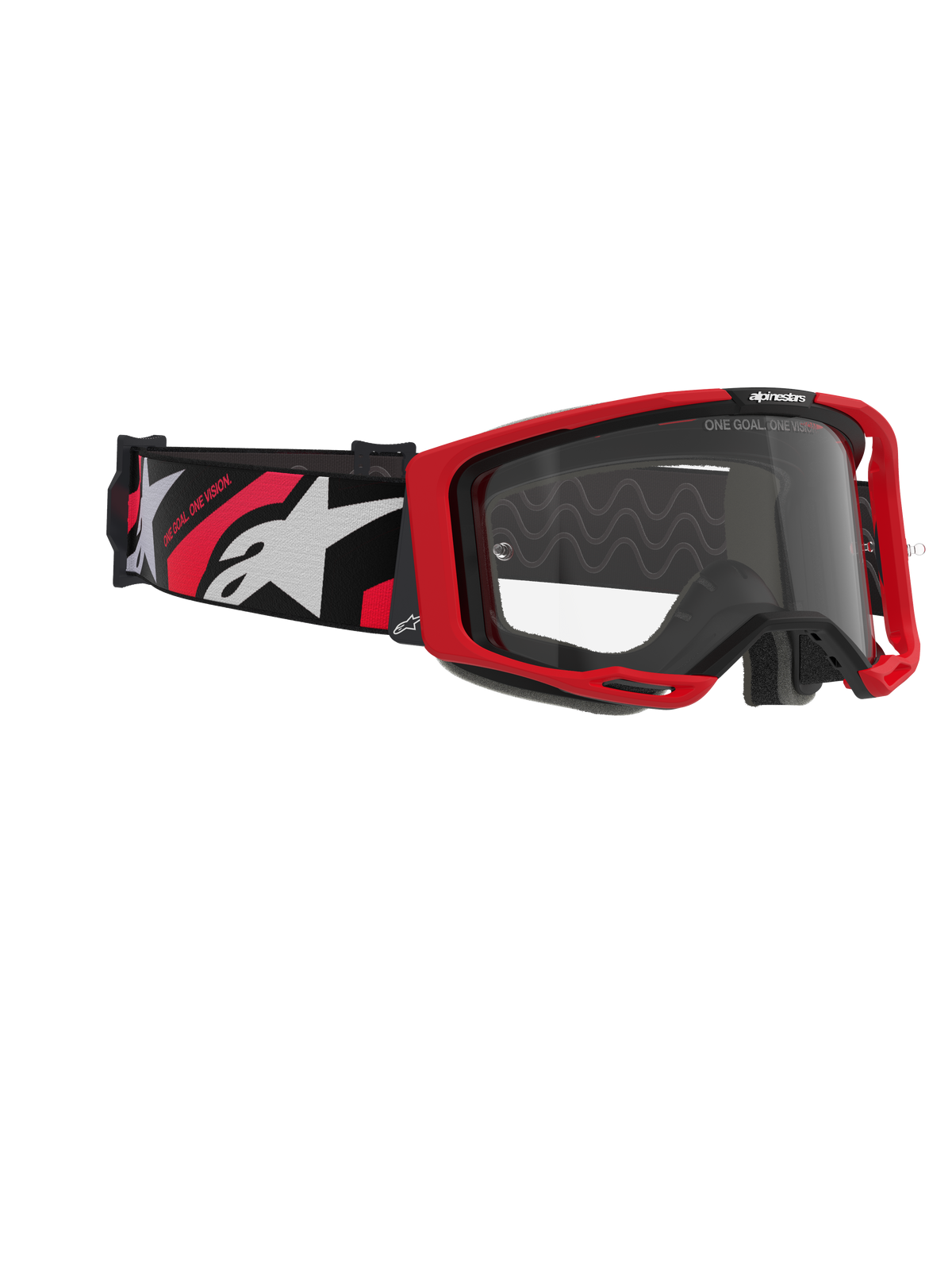 Alpinestars Vision 8 Luar Goggles, motocross-briller, rød, sort og klar, med rød ramme, klar anti-dug linse og en sort rem med hvide og røde logoer, professionel øjenbeskyttelse til terrænkørsel