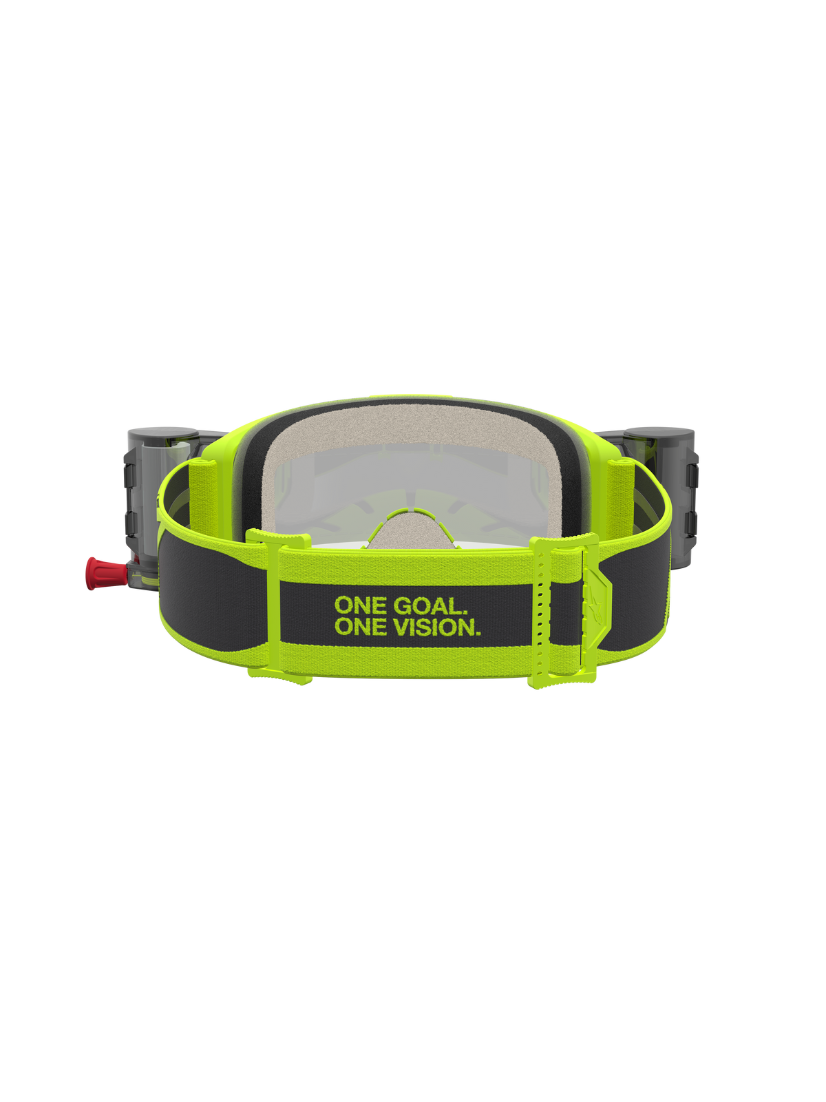Alpinestars Vision 5 Rora Roll Off Goggles, gul fluo og sort, rem med sloganet ONE GOAL. ONE VISION. og roll off-beholdere