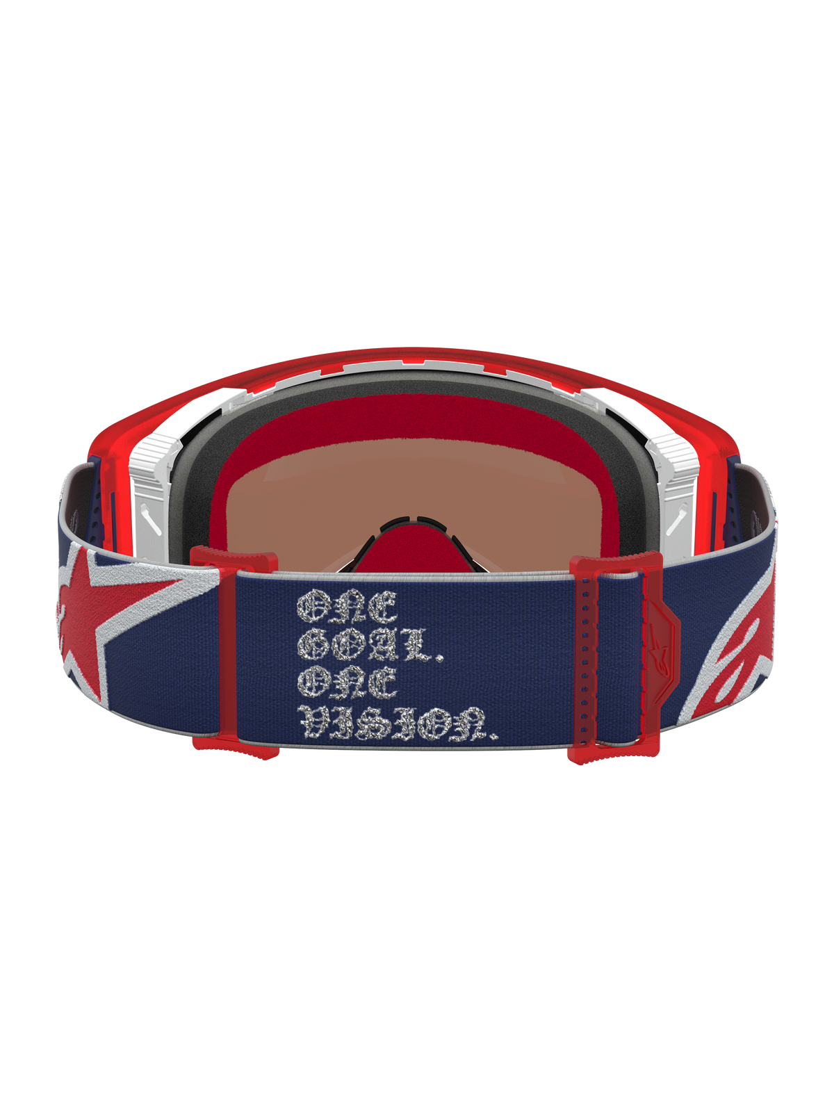 Alpinestars Limited Edition Supertech Fiftyfold Motocross Goggles, Blue and Red, featuring One Goal One Vision strap text.