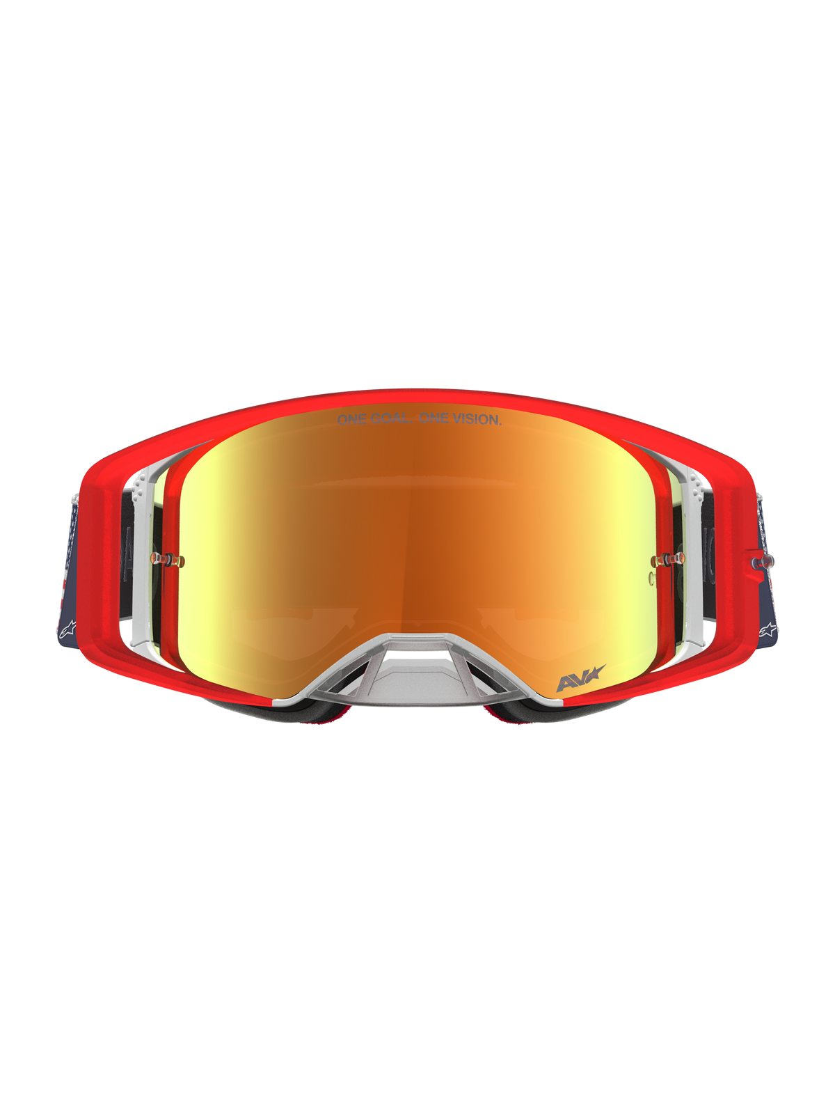 Alpinestars Limited Edition Supertech Fiftyfold Goggles, red and blue motocross eyewear with reflective mirror red lenses.